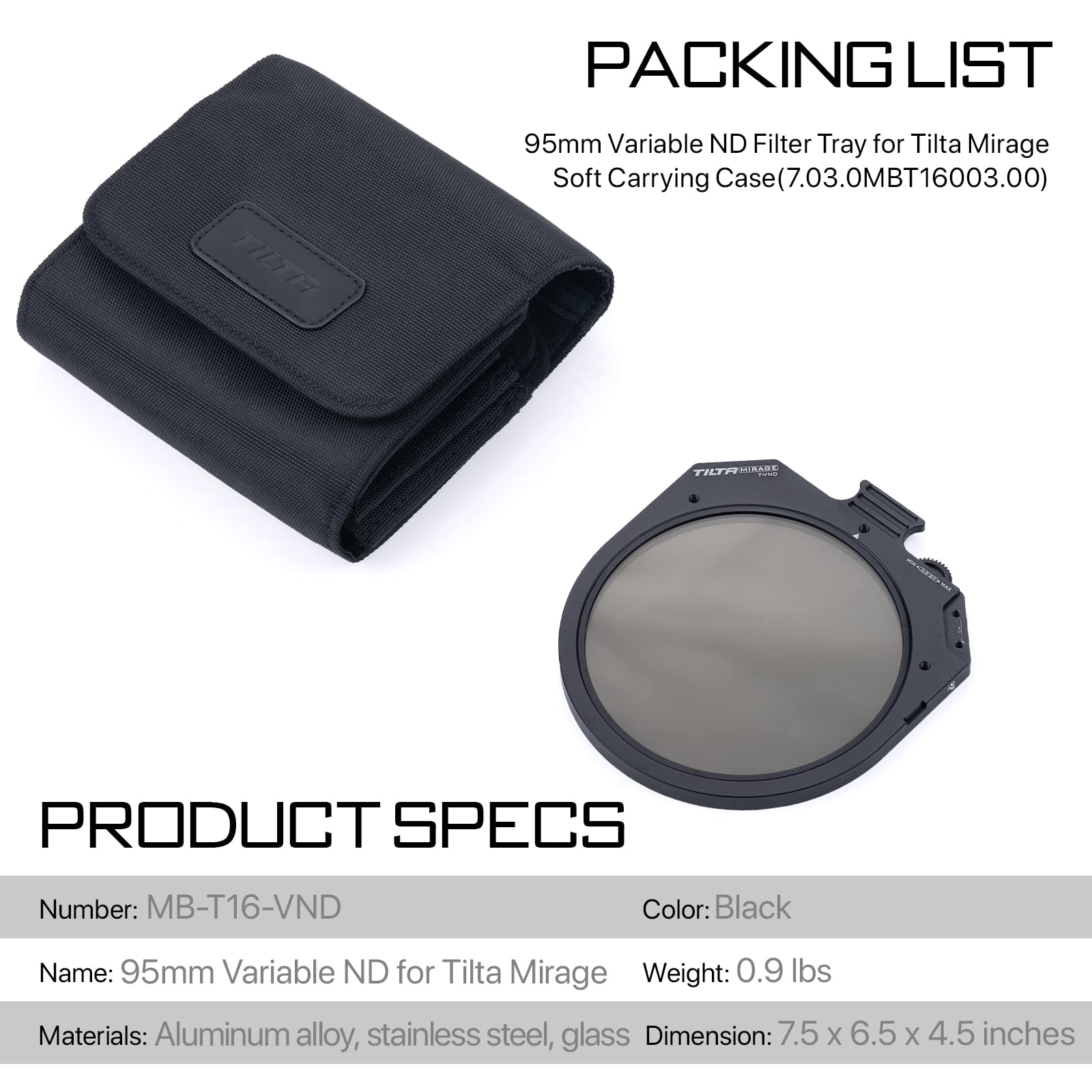 Tilta Filtro ND Variable de 95 mm para Tilta Mirage Matte Box [1-9 Paradas] Compatible con Lentes con hasta 95 mm de diámetro Frontal MB-T16-VND