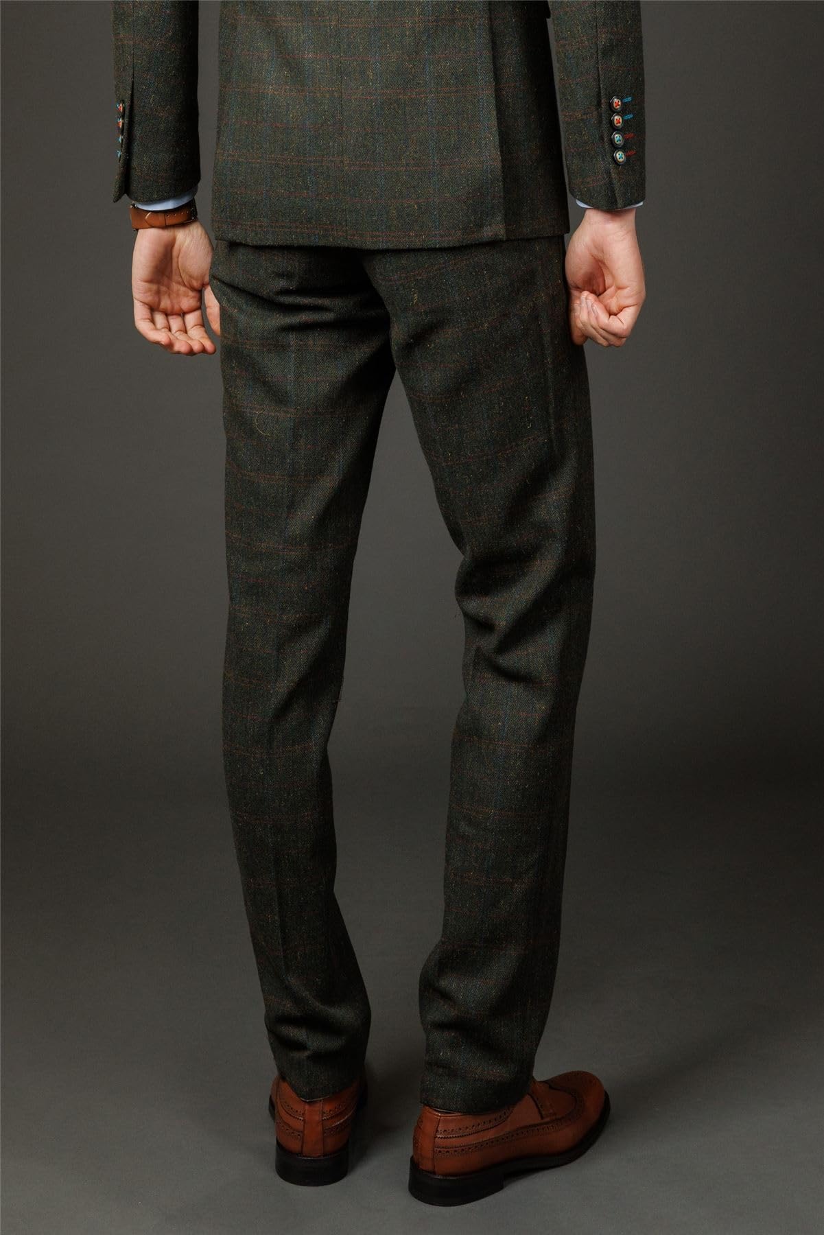 TruClothing Pantaloni da uomo in misto lana verde oliva a spina di pesce pantaloni formali in tweed