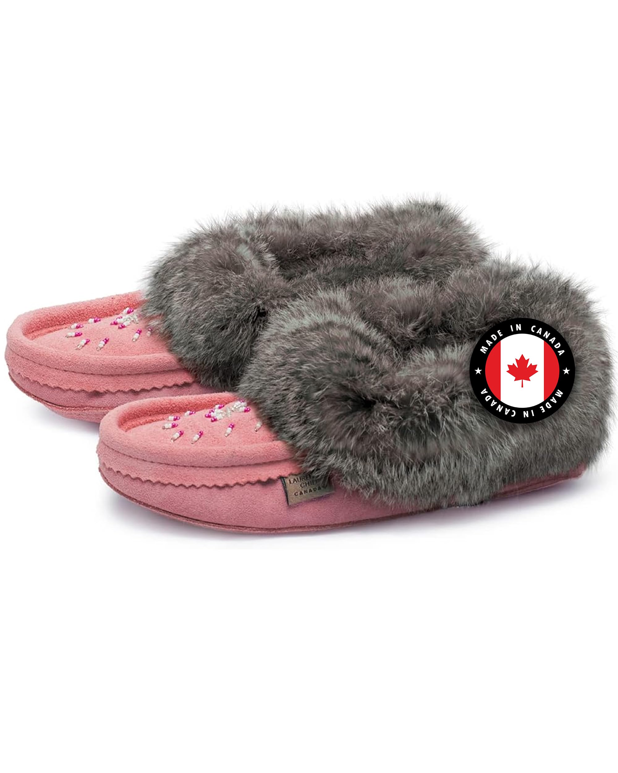 Laurentian Chief Moccasin Slippers for Women – Ladies Comfortable Slippers with Real Rabbit Fur Trim and Soft Faux Lining – Canada Quality Beaded