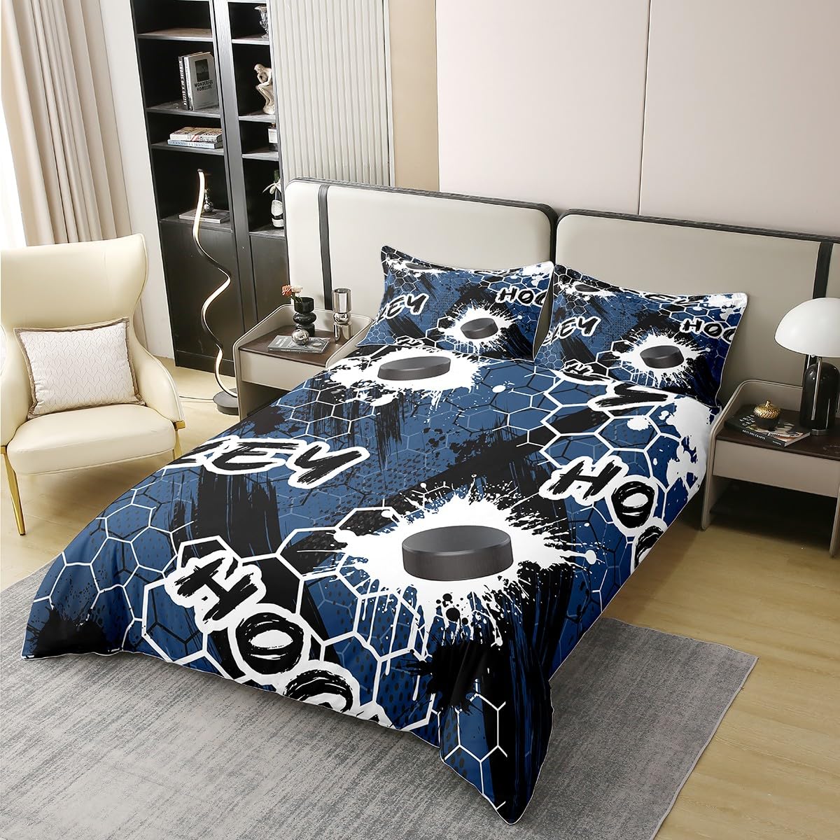 Erosebridal Hockey Sport 100% Organic Cotton Duvet Cover Queen, Honeycomb Theme Gamer Comforter Cover, Black Blue Hockey Plaid Patchwork Bedspread Cover, Splash Fierce Quilt Cover for Teens Boys