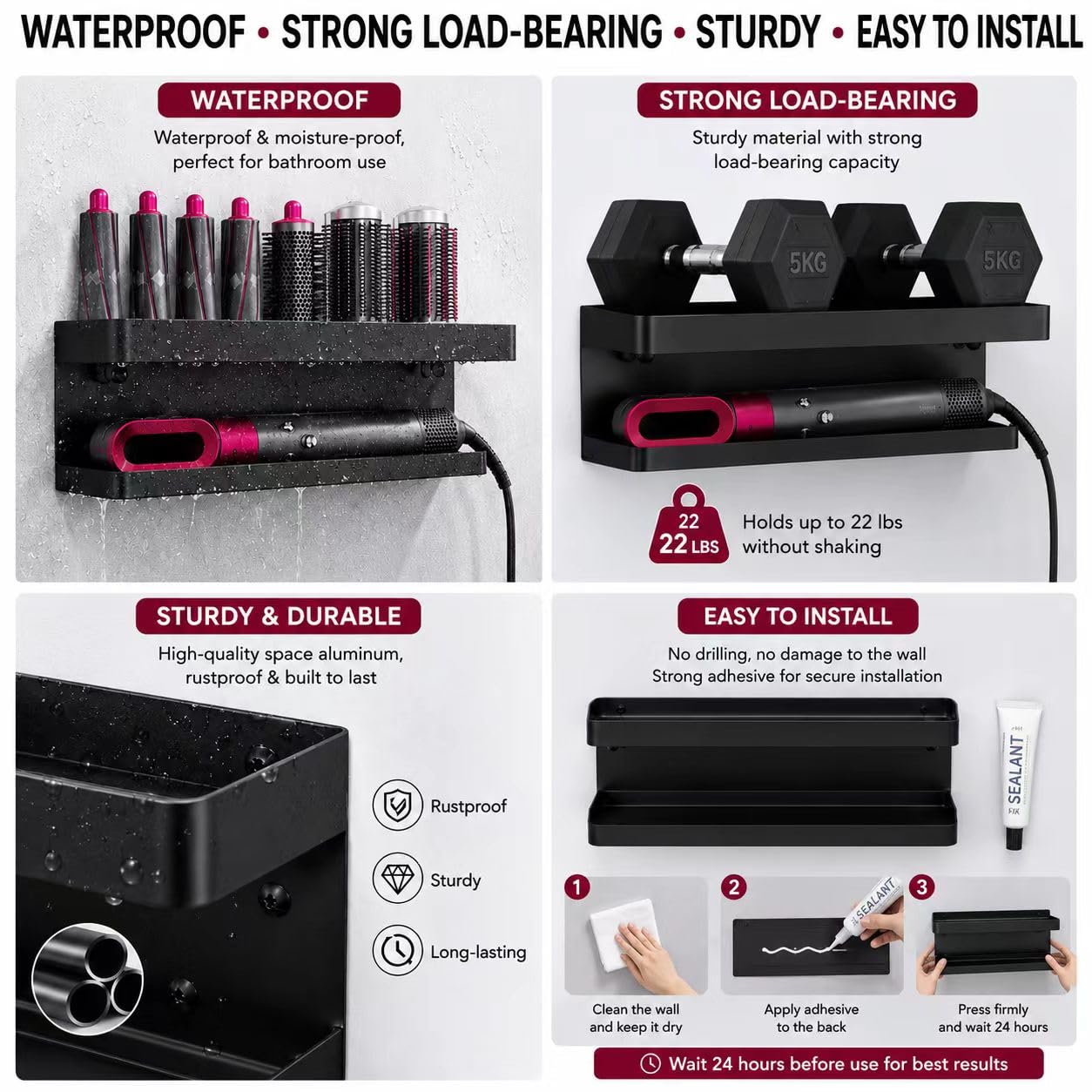 Support mural pour sèche-cheveux, sans perçage, 2 en 1, pour Dyson Airwrap, rangement facile, esthétique, pour sèche-cheveux Dyson, support mural et organiseur en matériau durable