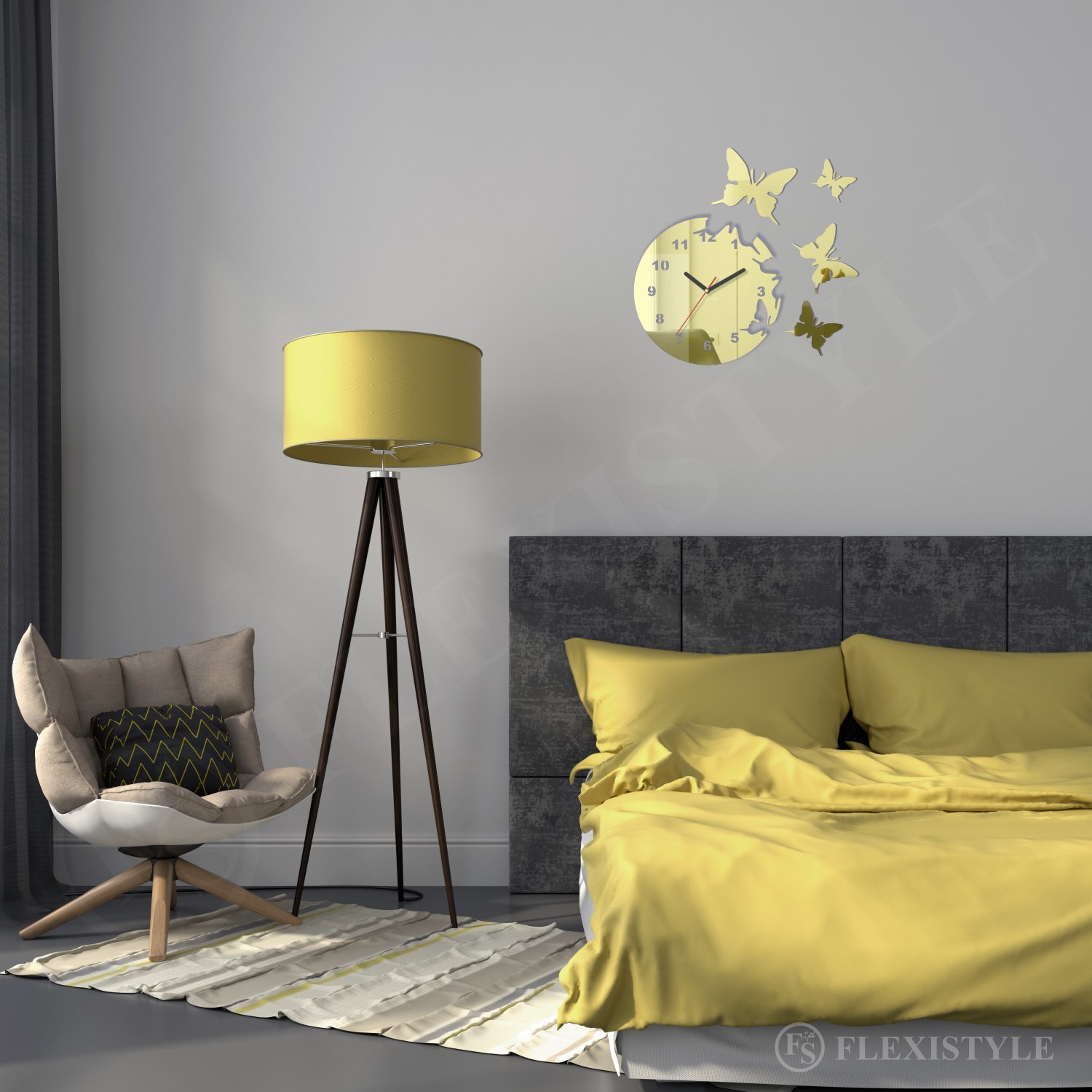 FLEXISTYLE Orologio da Parete Salotto Tondo Moderno Farfalle Specchio d'oro Decorativo Silenzioso 30 cm