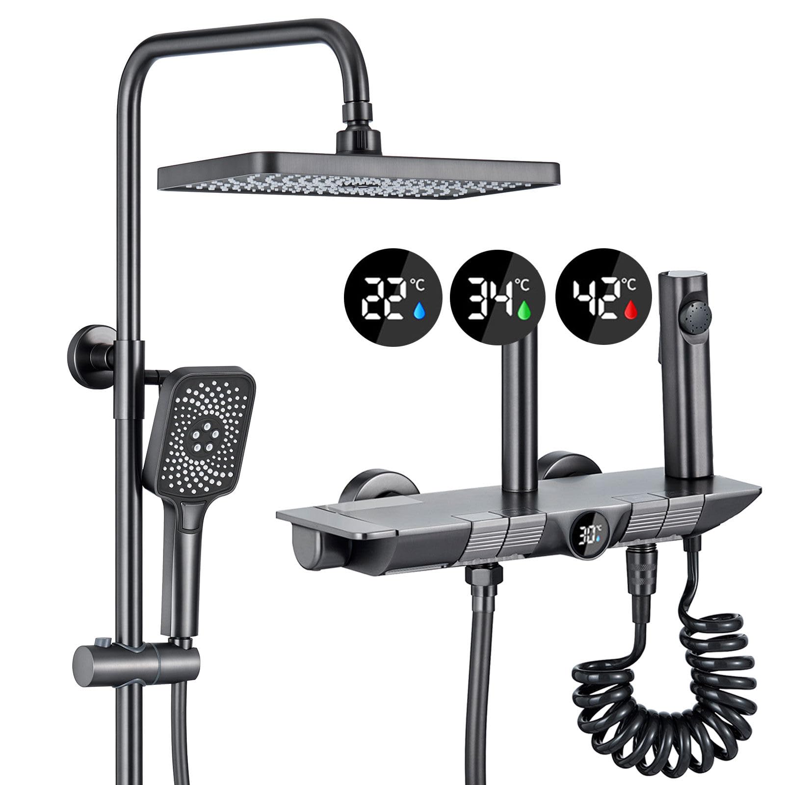 SGeneE Thermostatic Shower Mixer Set, Light Luxury Design, 30x20cm Square Piano Keys Shower System, LED Digital Display, Hydroelectric Power, 3 Modes Hand Shower (White - View #8