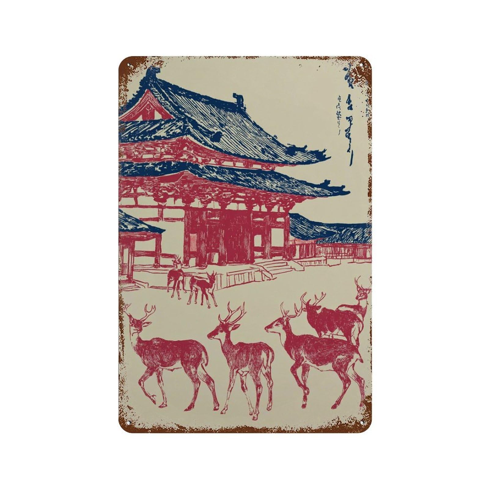 xiaoxiaoshen Deer Japanese Temple Scene Nara Inspired Animal Red Blue Minimal Woodblock Wall Decor Art Metal Tin Poster Modern Home Decor Art Home Bar Shop Decorations Vintage Sign 30x20cm