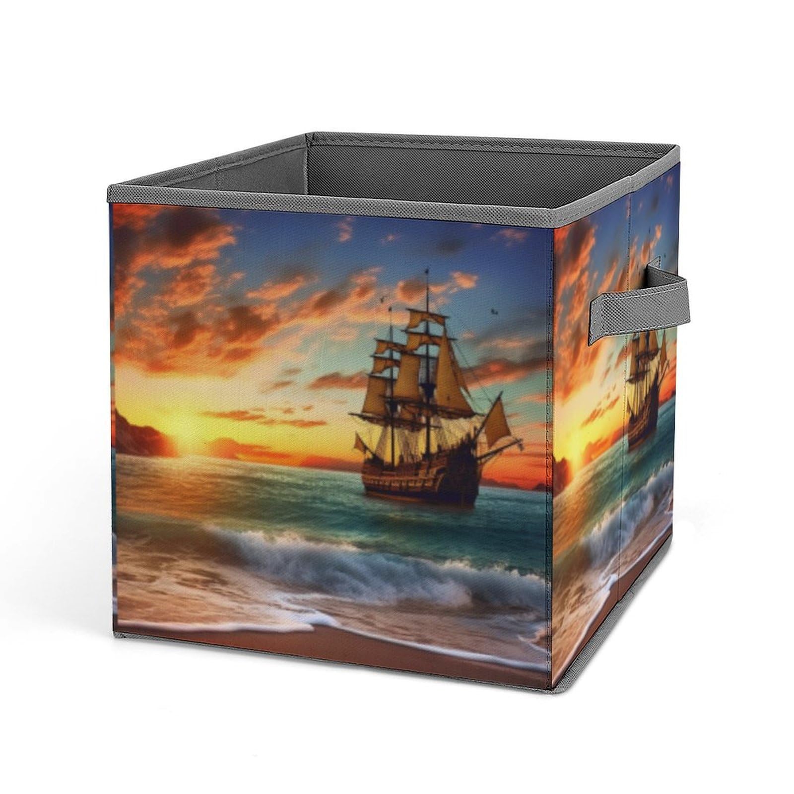 JTREHY Pirate Ship in The Sunset Printed Foldable Storage Box, 10.6 Inches Fabric Storage Box for Wardrobe, Bedroom, Utility Room