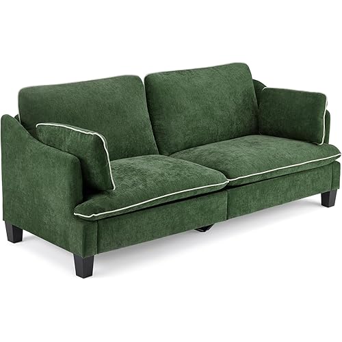 VINGLI 84" Extra Deep Seat Sofa Couch, 3 Seater Upholstered Living Room Couches with 2 Piped Seater Cushions, Throw Pillows, Modern Linen Velvet Fabric Sofa for Apartment Bedroom Office | Piped Cushions Sofa
