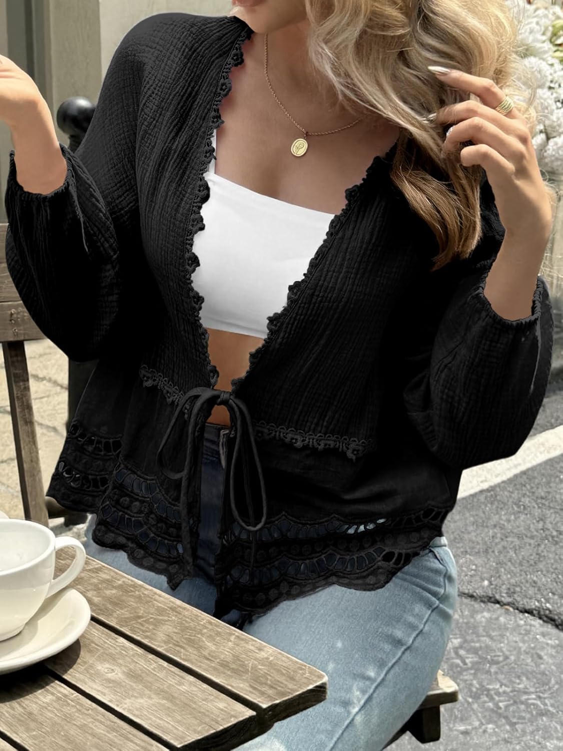 Tankaneo Womens Deep V Neck Tie Front Blouse Cotton Long Puff Sleeve Eyelet Tops Cute Lace Trim Flowy Ruffle Shirts - Image 6