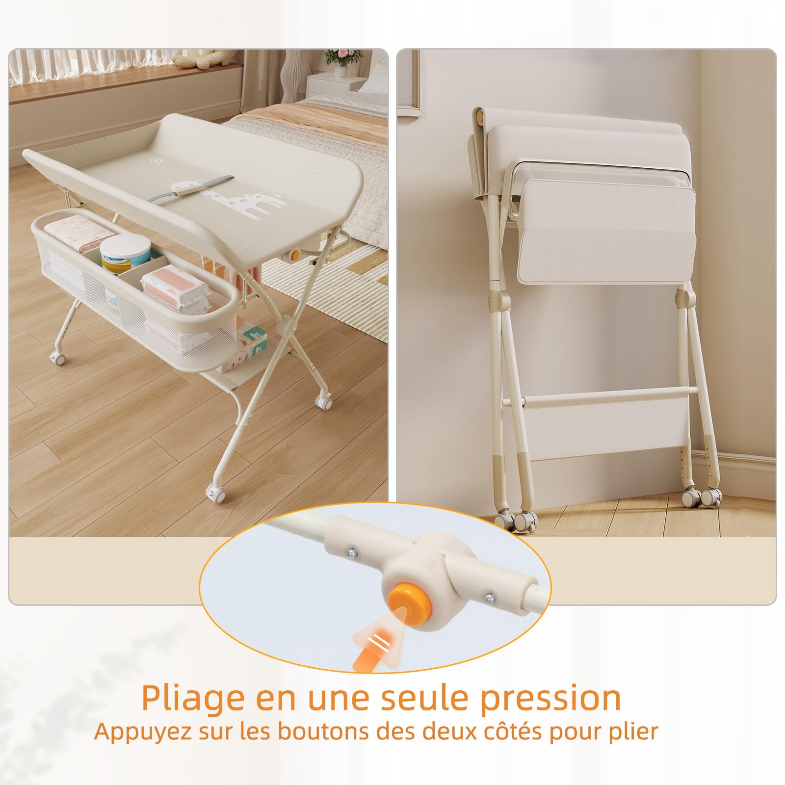 Supfine Table à Langer Pliable, Plan à Langer avec Panier Latéral et Tringle de Suspension, Réglable en Hauteur, avec roulettes Verrouillables (Crème, 4 en 1)