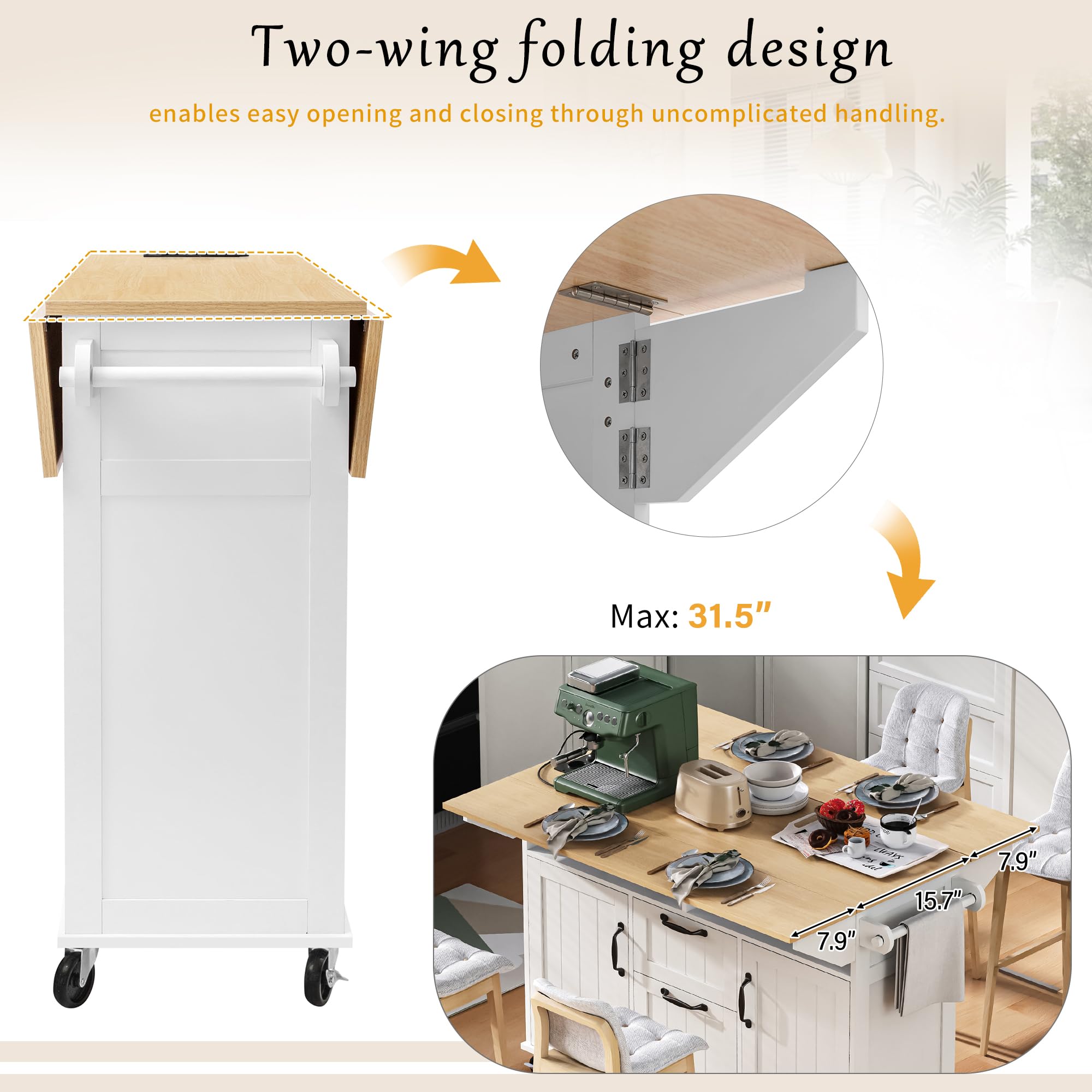 Isla de cocina con ruedas, mesa de comedor extensible, isla de cocina móvil con cajones y toallero, carrito de cocina móvil con regletas, ideal para cocina y comedor (blanco)