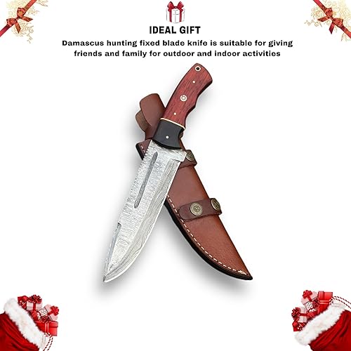 Miniatura 7 de Cuchillo Bowie de caza hecho a mano de acero de Damasco con funda de cuero 12 pulgadas forjado a mano hoja fija de Damasco para hombres y mujeres