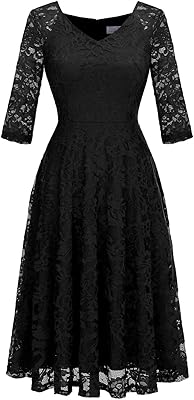 Dressystar Womens Long-Sleeve Wedding Guest Dress A-Line Lace Formal Party Cocktail Midi Dress Prom Gown