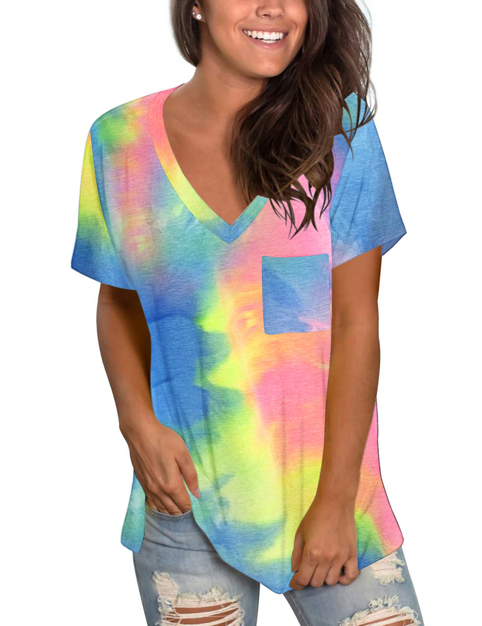 MOLERANI Soft Tshirts for Women Short Sleeve Basic Tees Loose Fitting Tops Blouses Dyed Pink Yellow Blue L