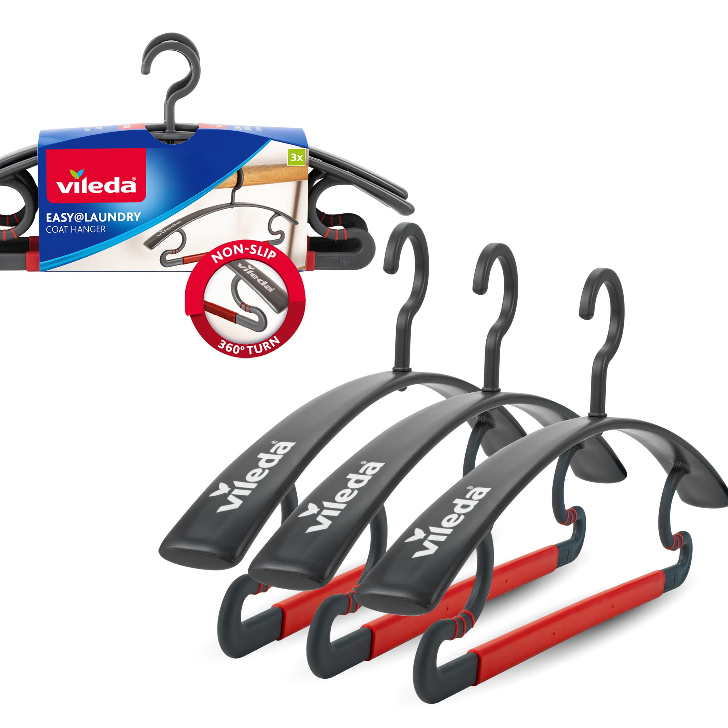 Vileda 3-in-1 Clothes Hangers Set of 3 – Non-Slip Coat Hangers with Trouser Bar and 360° Swivel Hook – Space-Saving Shape-Retaining Wardrobe Hangers for Suits, Jackets, Shirts and Trousers