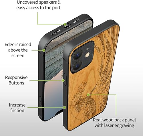 Miniatura 9 de Carveit Funda magnética de madera para iPhone 12 madera natural y TPU suave a prueba de golpes, funda de madera única y elegante compatible con