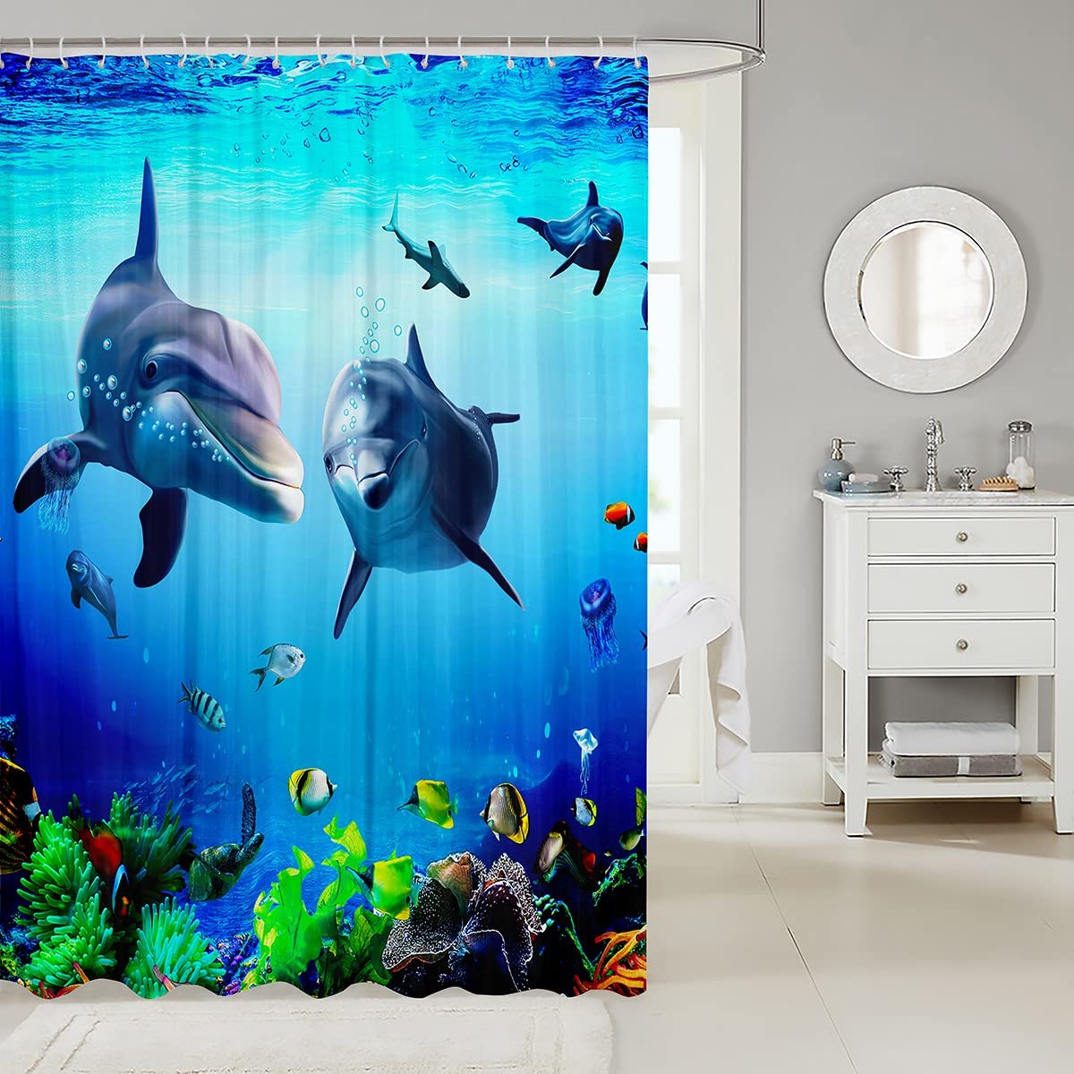 Tenda Doccia Bambini Con Delfini Arcobaleno - Impermeabile 182x182cm Per Bagno Marino - Foto 1