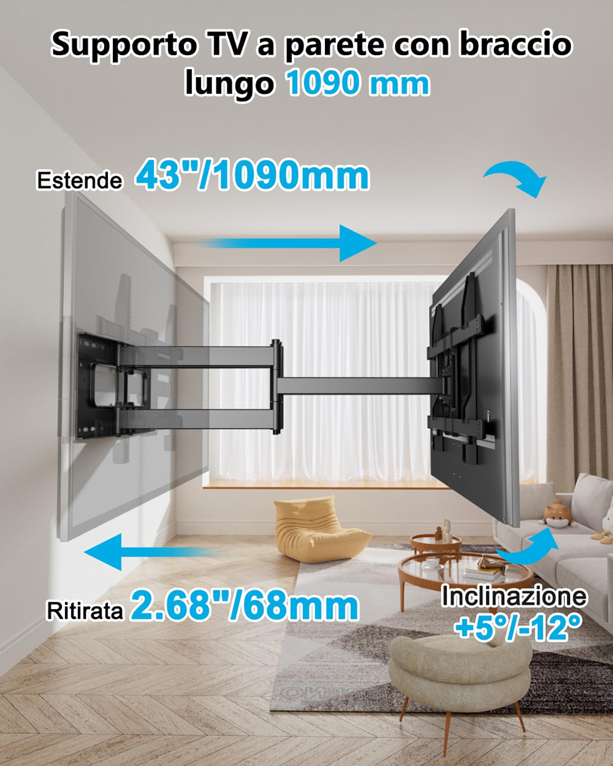 FORGING MOUNT Supporto TV Parete Braccio Extra Lungo 109cmper Schermi piatti/curvi da 50-90 Pollici fino a 75 kg, Staffa TV Girevole Inclinabile Orientabile, Max VESA 600x 400mm