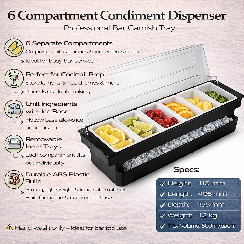 Dispenser per condimenti in plastica a 6 scomparti, nero, per bar, condimenti, vassoio per guarnizione cocktail