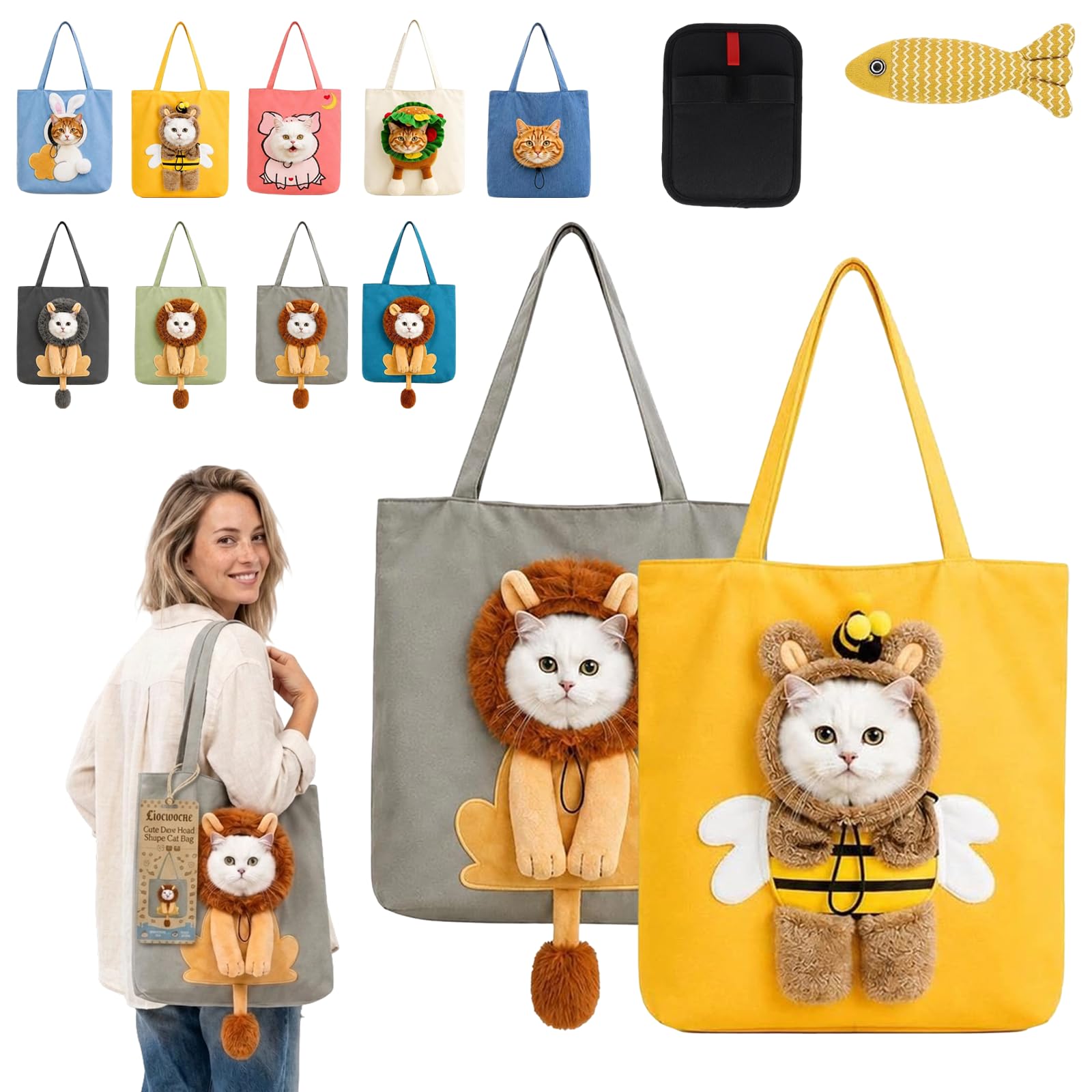 Cute Dew Head Shape Cat Bag, Canvas Pet Carrier for Travel (2PCS-H,L)
