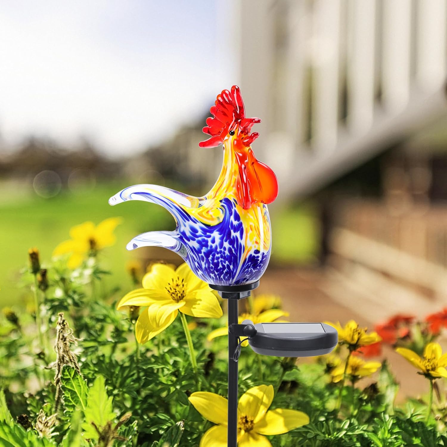 Bshine Solar Garden Decor Outdoor Rooster Light, Hand Blown Glass Waterproof Solar Light Stake Decoration Road, Path, Lawn and Yard Art