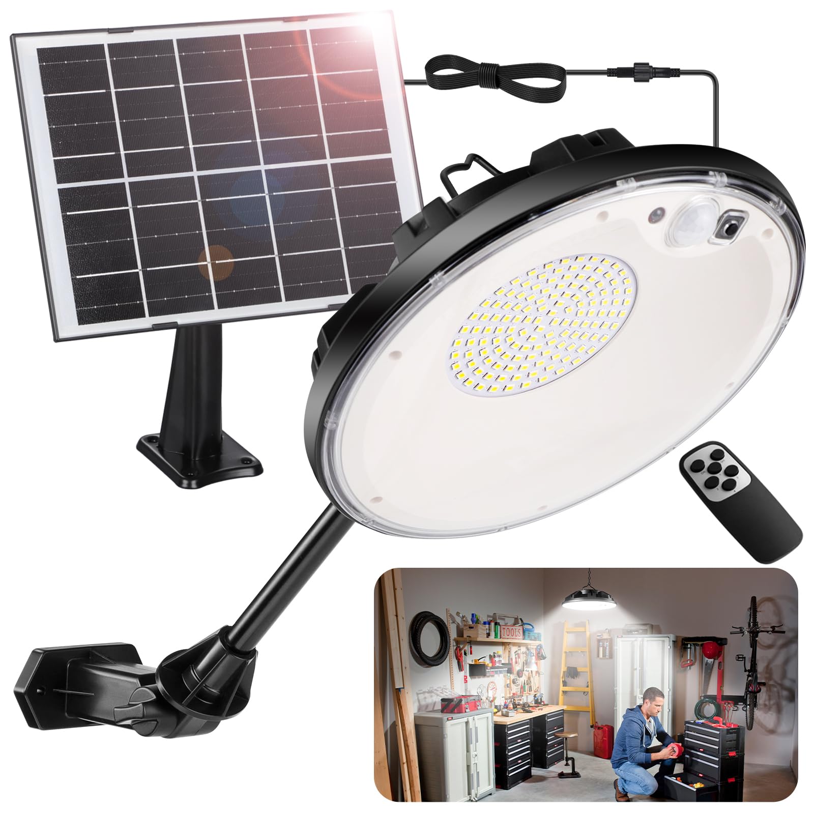 Ropelux Solar Lights Outdoor Indoor, 3500LM 4 Modes (1 All Day Mode) Motion Sensor Security Shed Light with Remote, Waterproof Dusk to Dawn Light for Gazebo Yard Garage Patio