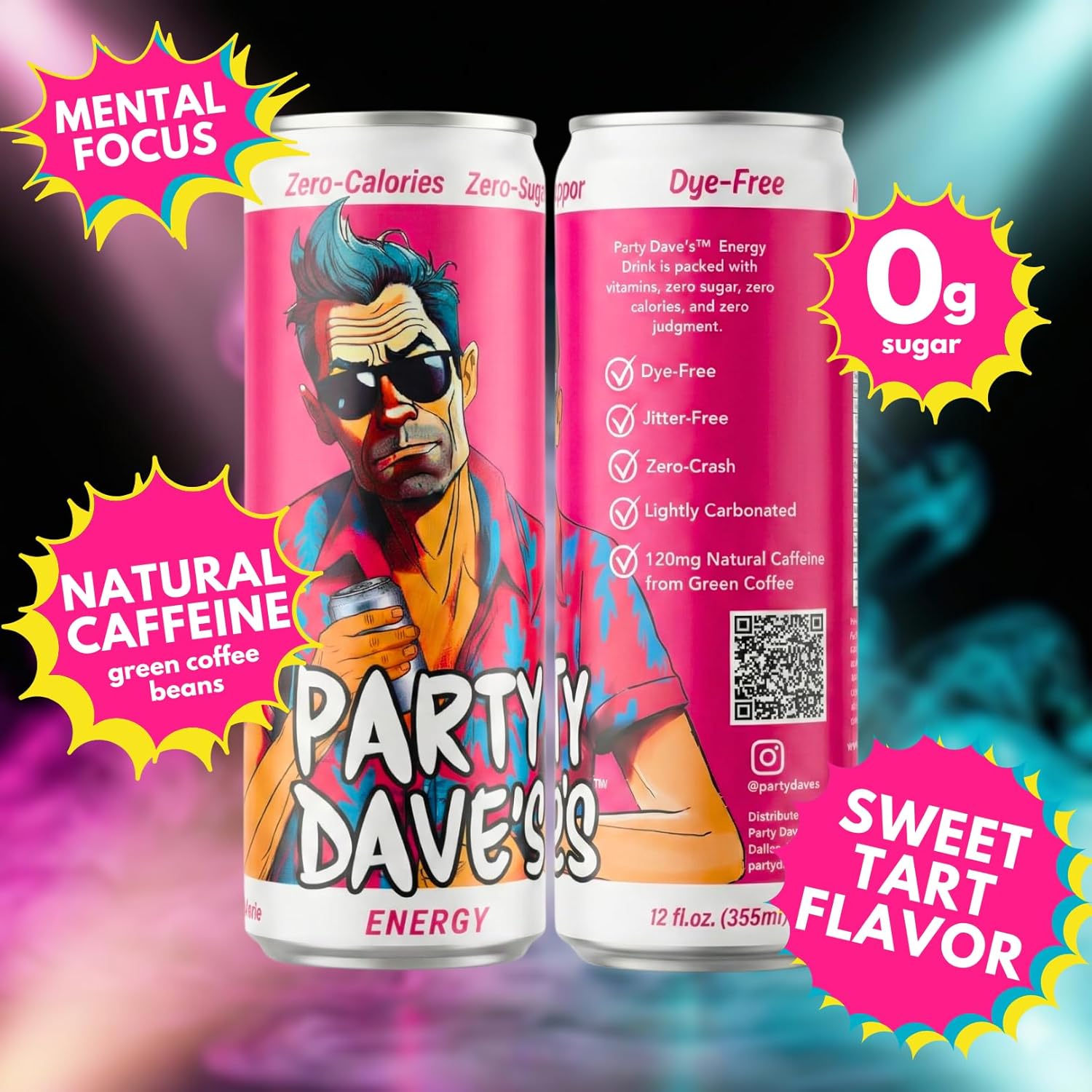 Party Dave's Zero Sugar Energy Drink, 12 Pack -120mg Natural Caffeine & L-Theanine for Focus, B-Vitamins (B6, B12, Biotin), Dye-Free, Original "Tart & Sweet" Flavor, 12oz Cans - Image 4