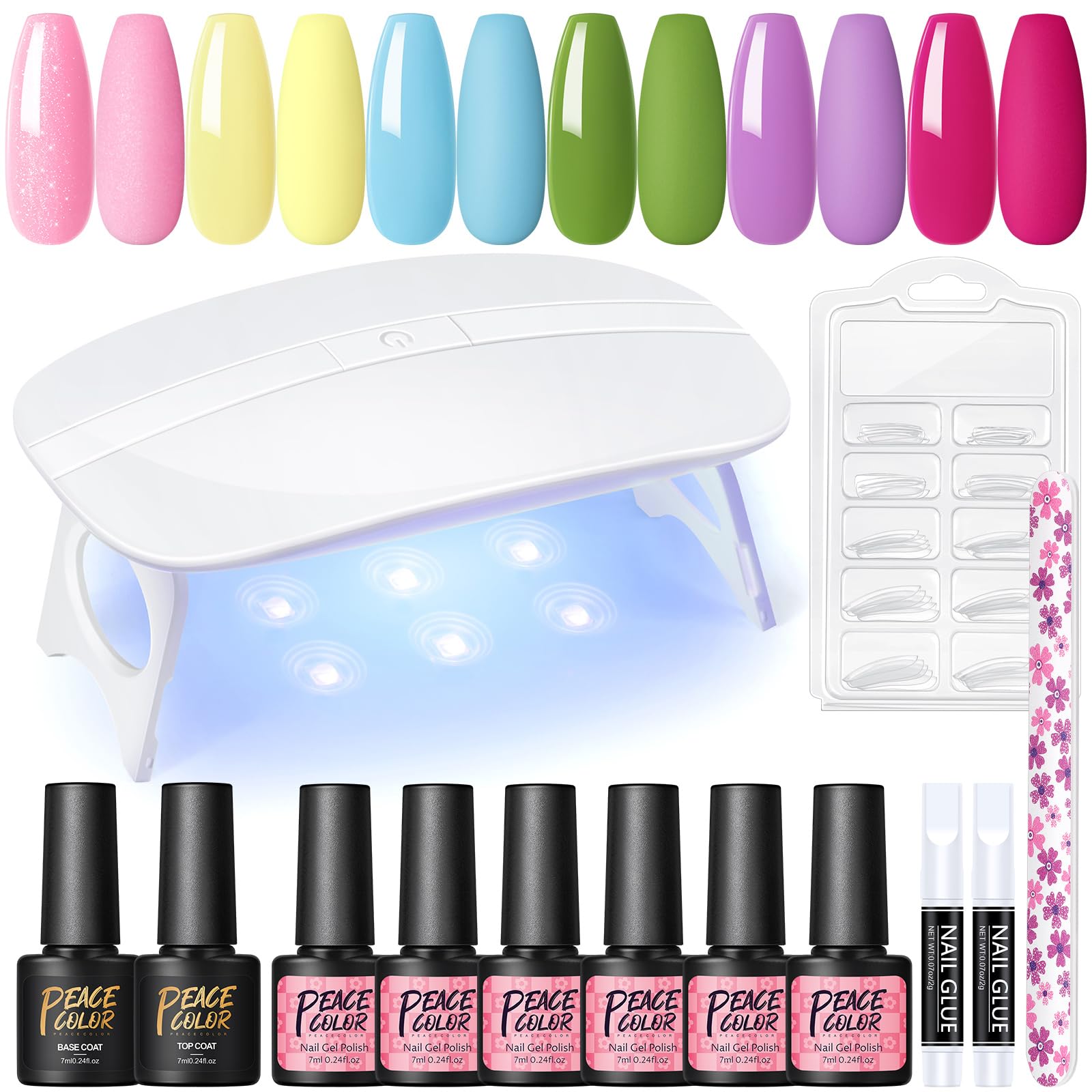 PEACECOLOR Kit de Esmalte Semipermanente con Lámpara para Uñas, 6 Colores de Esmalte en Gel Rosa, Amarillo, Azul, Verde, Violeta, Rosa, Base y Top Coat, Limas para Uñas