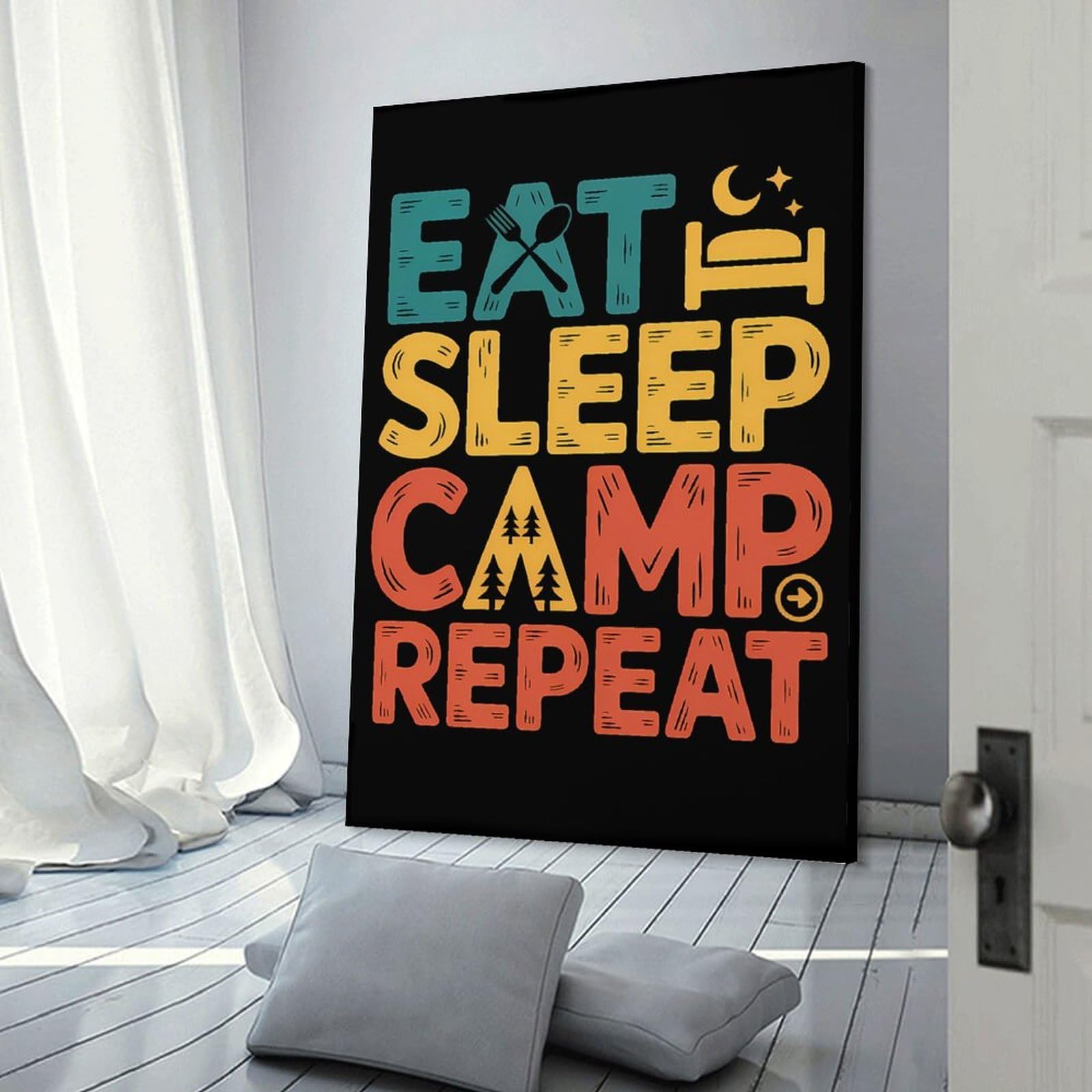 Junmoney Eat Sleep Camp Repeat Text Art Decorative Wall Artwork 24x36inch(60x90cm), for Home Lounge, Bedroom Or Reading Nook, Modern Wall Decor for Cosy Interiors