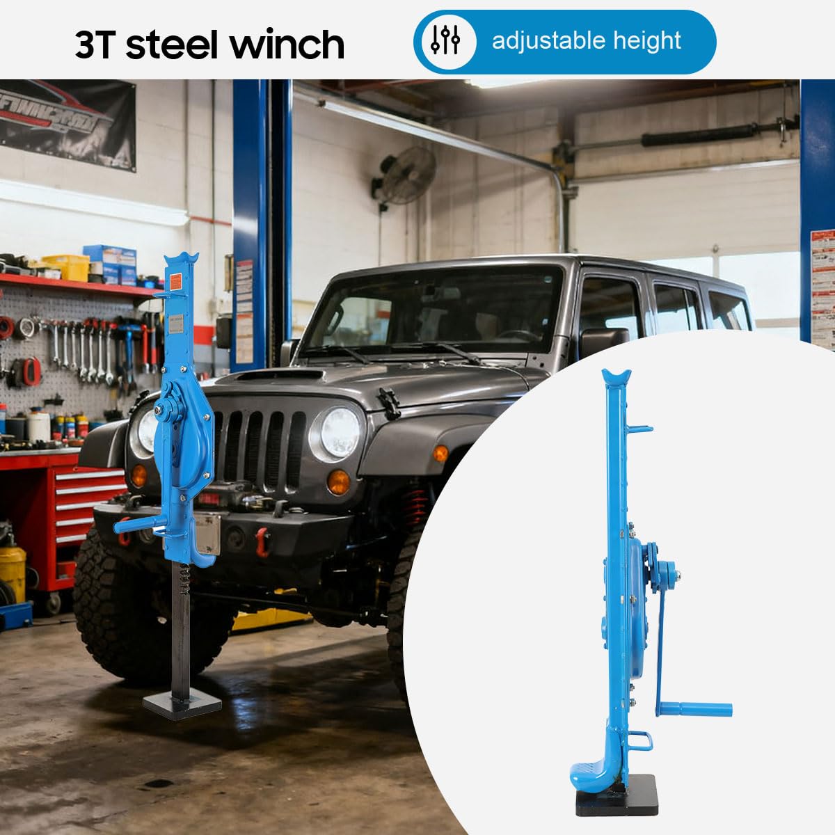 Binda a Cremagliera Manuale 3000 kg / 3T, Cric Meccanico in Acciaio per Officina e Cantieri, Elevatore a Manovella con Altezza Regolabile 73-109 cm, Altezza di Sollevamento 350 mm