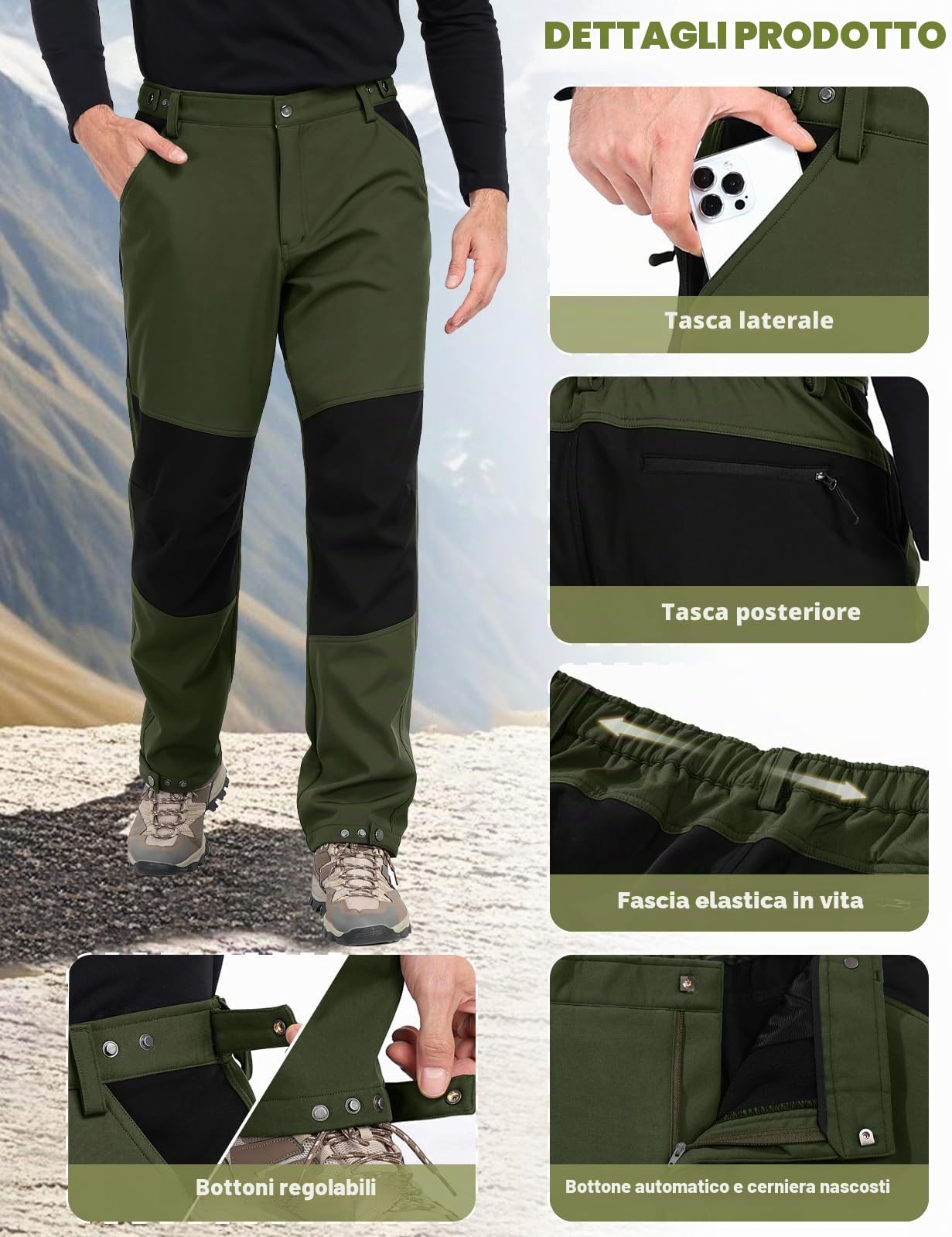 Xnova Pantaloni Trekking Uomo Invernali in Pile Pantalone da Lavoro Impermeabili Termici, Pantaloni Felpati Caldo Cargo Pantaloni Softshell Montagna Caccia con Vita Elasticizzati