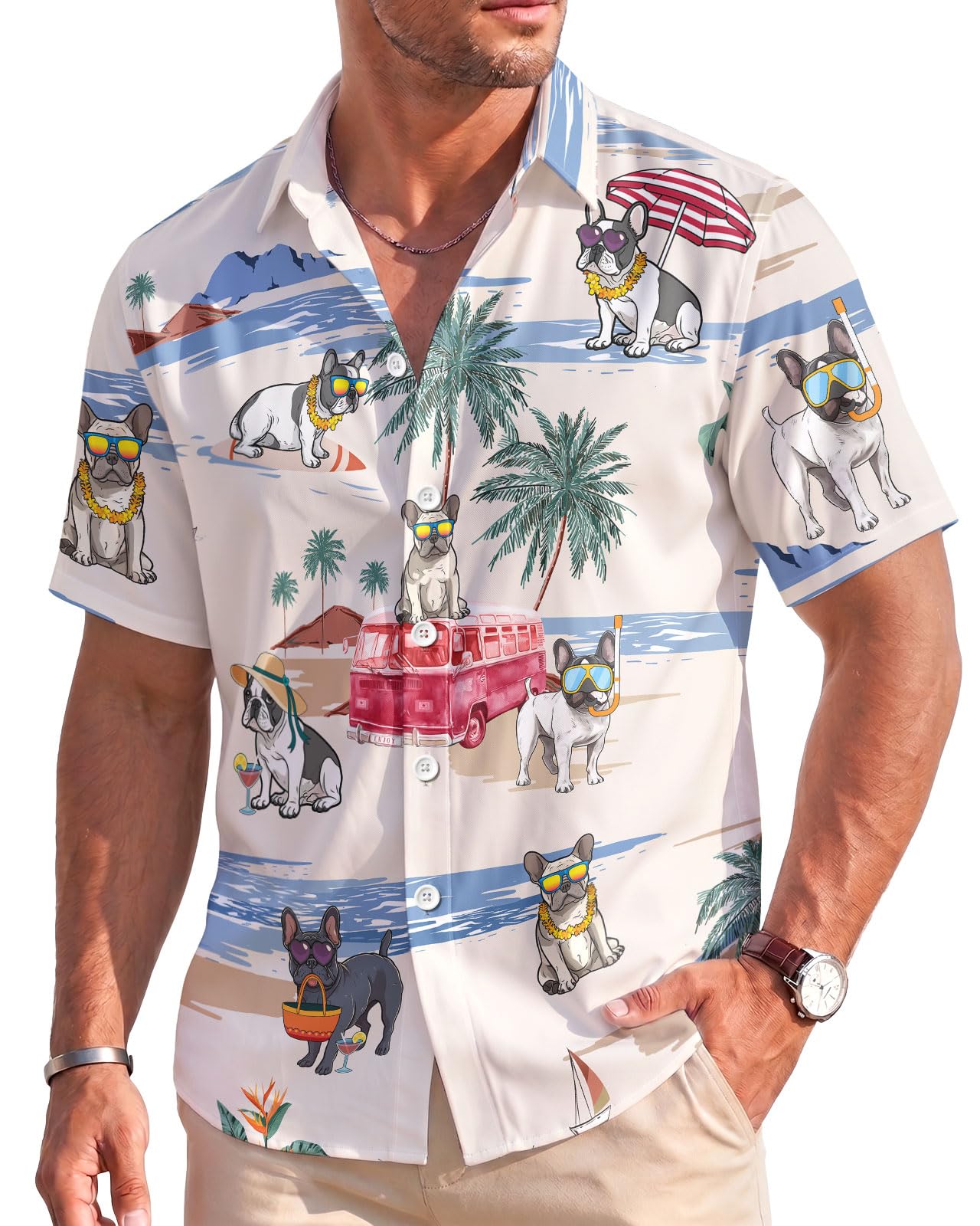 Dog Print Button Shirt, Dog Lover Summer Hawaiian Shirt, for Pet Owners, French Bulldog, 3XL