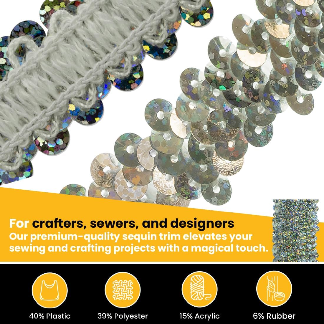 Trims by the Yard 5-Row Starlight Hologram Sequin Stretch Trim, 1 3/4-Inch Versatile Sequins for Crafts, Durable Sequin Trim for Costumes, Fashion, and Home Decor, 10 Yards Cut, Silver