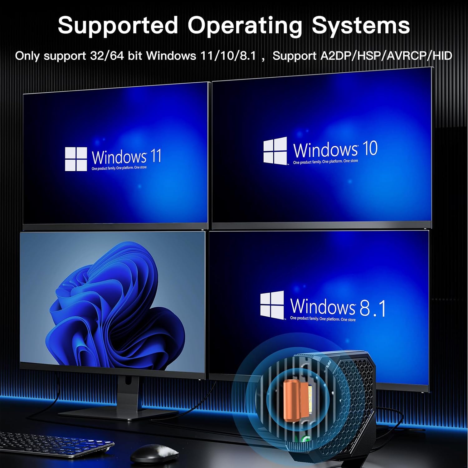 Supported operating systems for the Techkey Bluetooth adapter: Windows 11, Windows 10, Windows 8.1