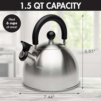 Primula Stewart Whistling Tea Kettle for Stovetop, Stainless Steel Stove Top Kettle with Fast Boil Whistling Spout and Cool Touch Folding Handle, 1.5-Quart, Brushed Silver with Black Handle