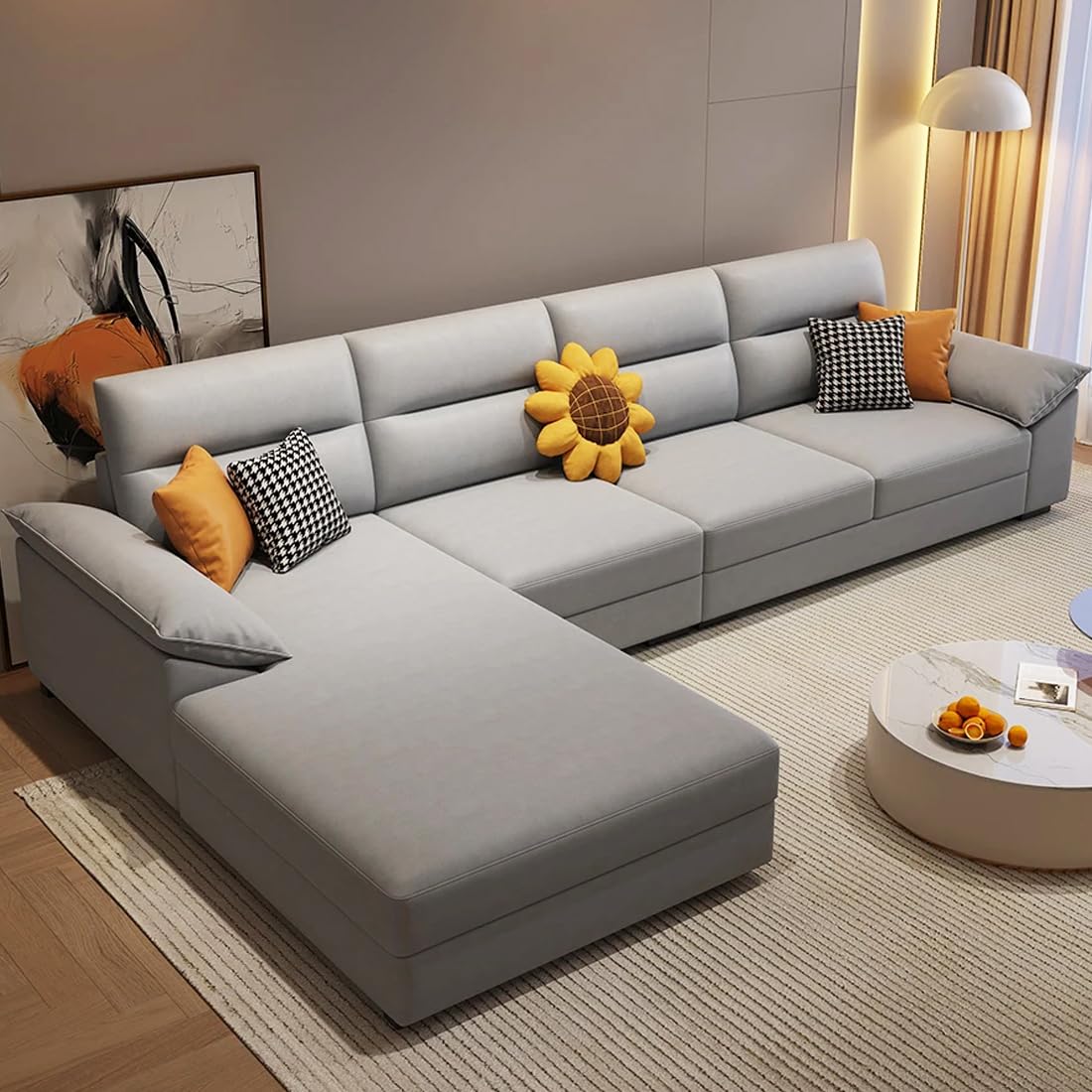 FURNY Bella 5 Seater Fabric LHS L Shape Sofa Set -(Light Grey