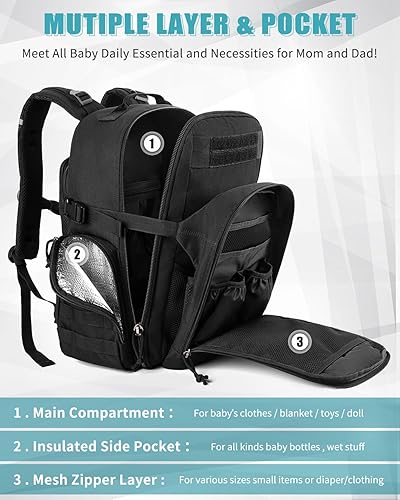 Miniatura 4 de SHARKMOUTH Bolsa de pañales militar para hombre, mochila táctica para bebés con bolsas aisladas para botellas para papás amantes del aire libre,