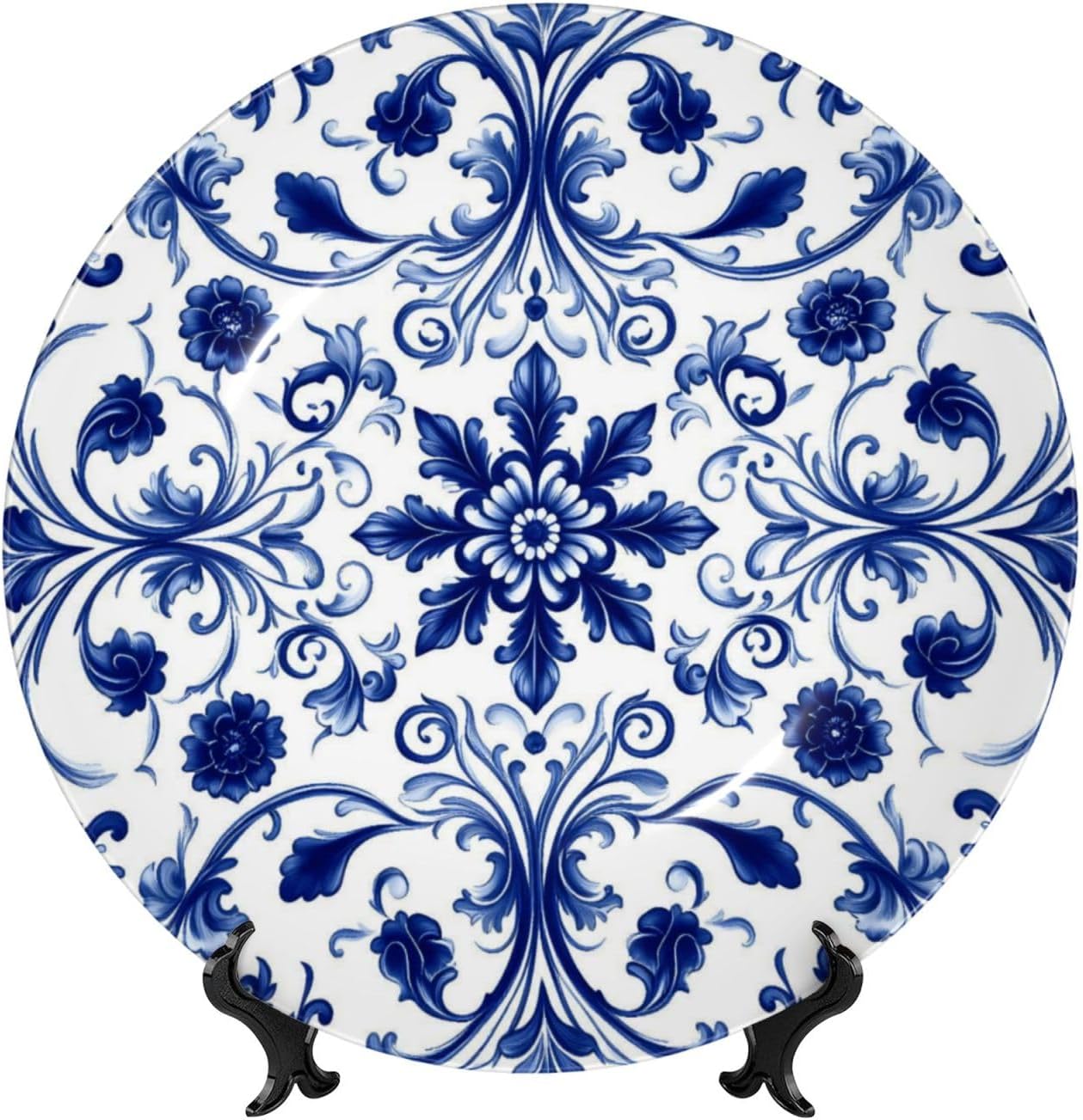 Royal Blue Floral Ornament Style Ceramic Plate Display Decorative Plate With Stand Wall Hanging Plate For Home Decor 10 Inch