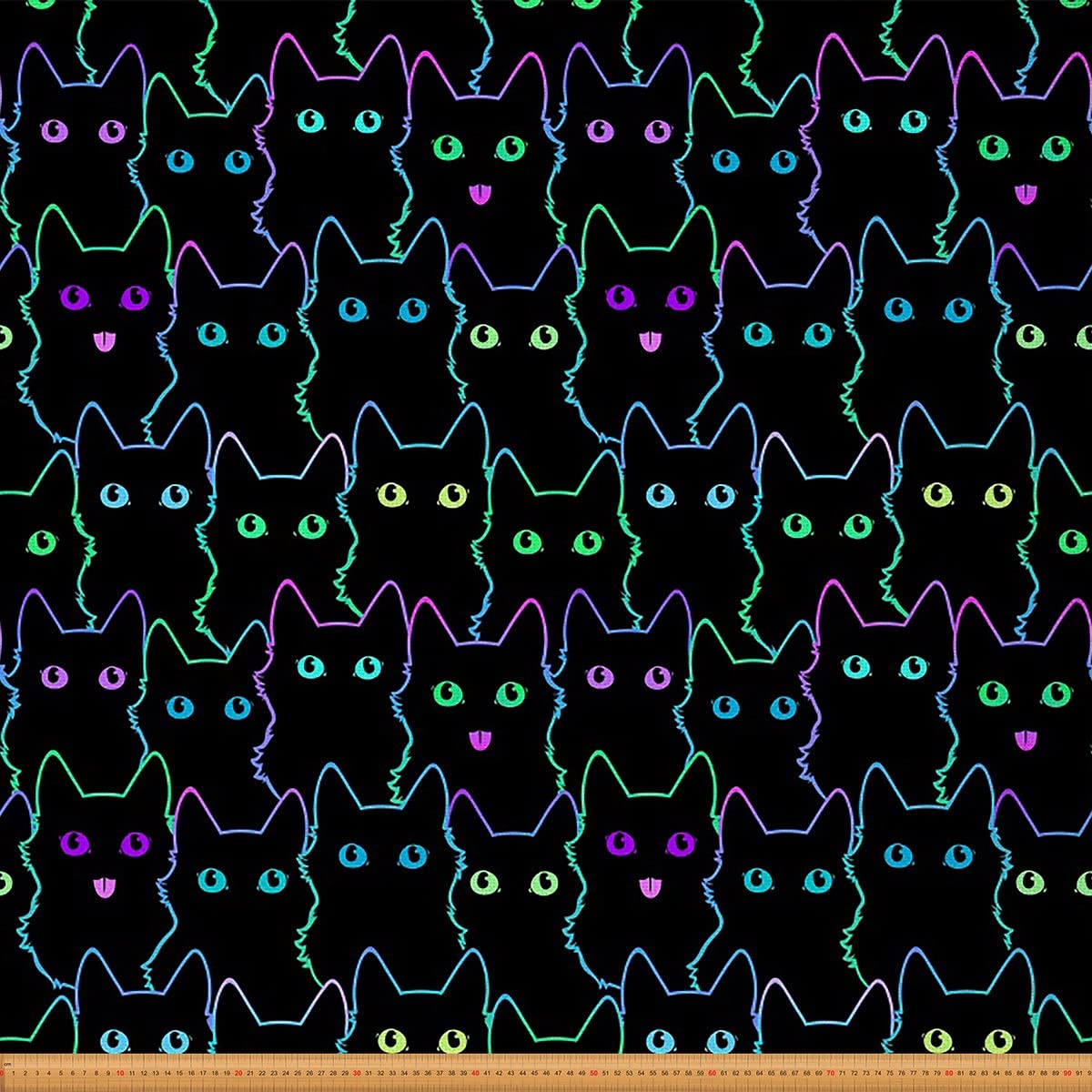 Loussiesd Cat Fabric by The Yard Cute Cats Kitten Colorful Neon Light Pet Animal Outdoor Fabric Kawaii Black Cat Decorative Waterproof Outdoor Fabric 10 Yards (L920*W150cm)