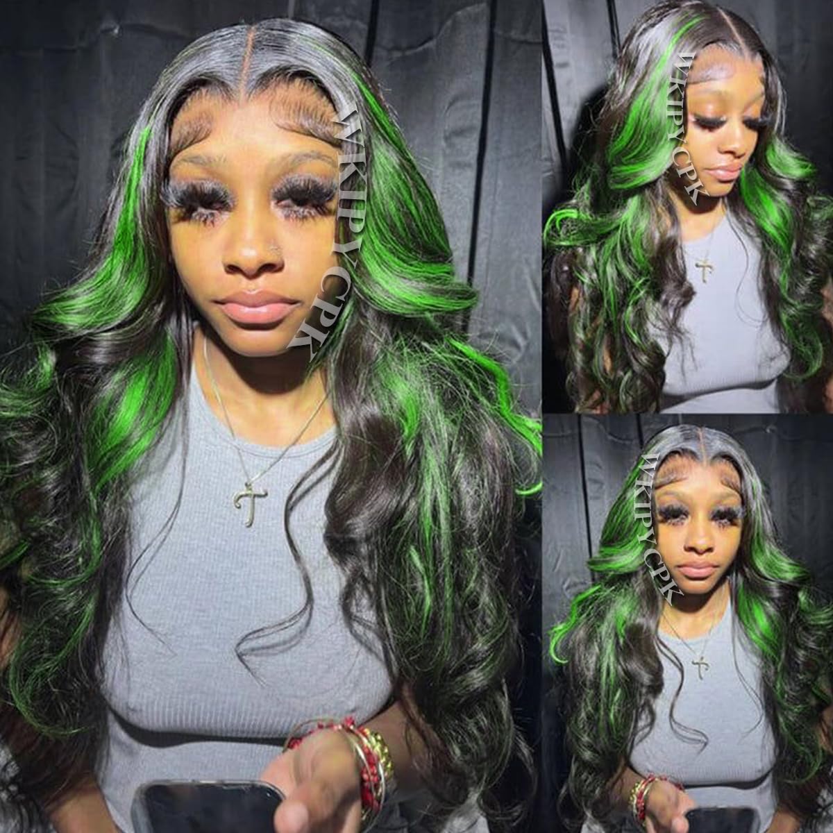 Green Highlight Lace Front Wig Black Hair with Green Skunk Stripe Synthetic Lace Front Wigs for Black Women 24 Inch Long Body Wave Heat Resistant Hair Pre Plucked Natural Hairline