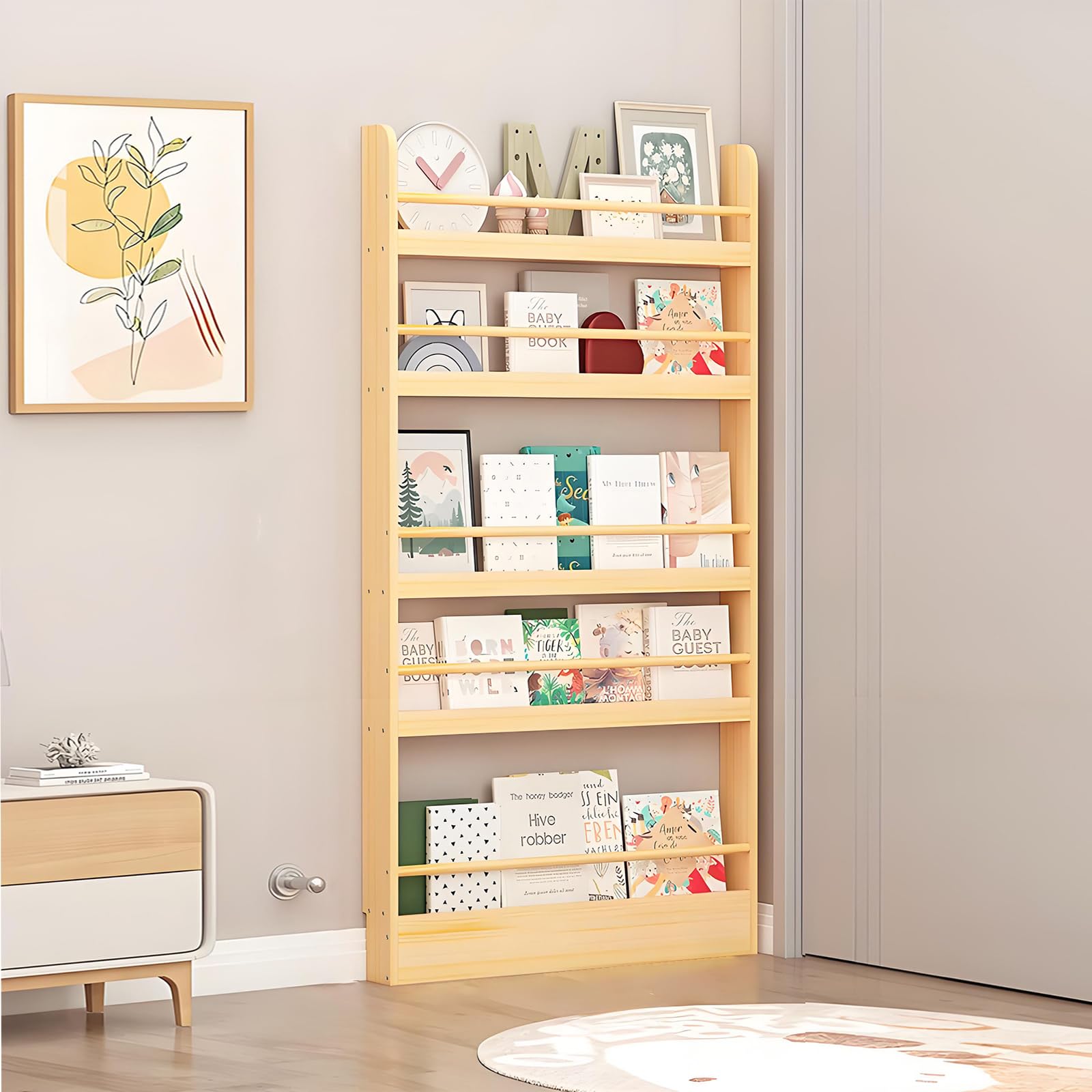 Tazyee Bookshelf, Tall Narrow Book Shelf, Behind Door 3-6 Tier Wall Bookcase for Bedroom, Living Room, Office, Space Saving Organizer for Kids’ Toys and Books Natural 5-shelf/27.6" x 3.9" x 57.1"