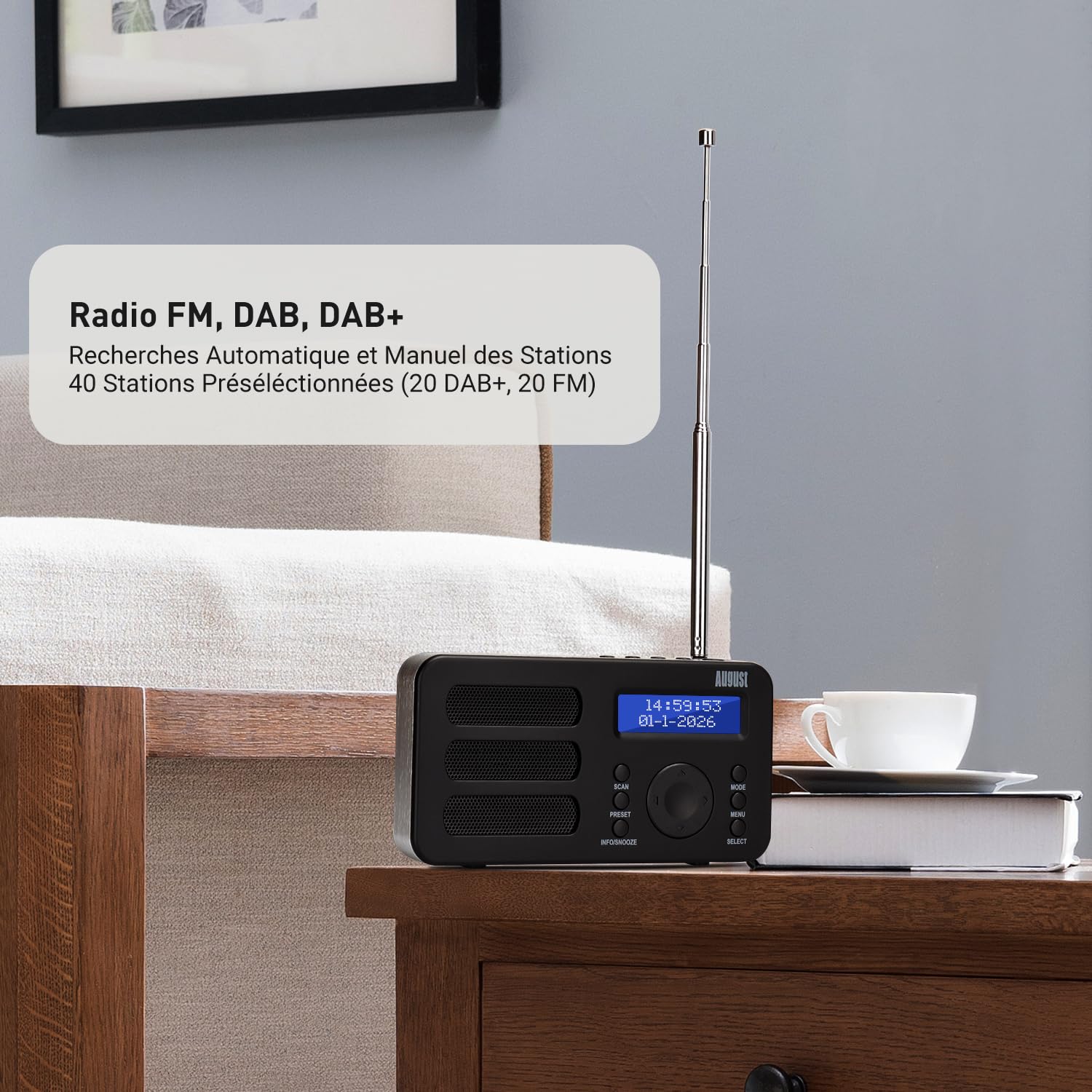 August MB225 - Radio Portable Rechargeable FM Dab RNT - Petite Radio Numérique Stéréo Portative Digitale avec Batterie Alarme Poste 40 Présélections et Prise écouteurs (Noir August MB225 - Radio Portable Rechargeable FM Dab RNT - Petite Radio Numérique Stéréo Portative Digitale avec Batterie Alarme Poste 40 Présélections et Prise écouteurs (Noir