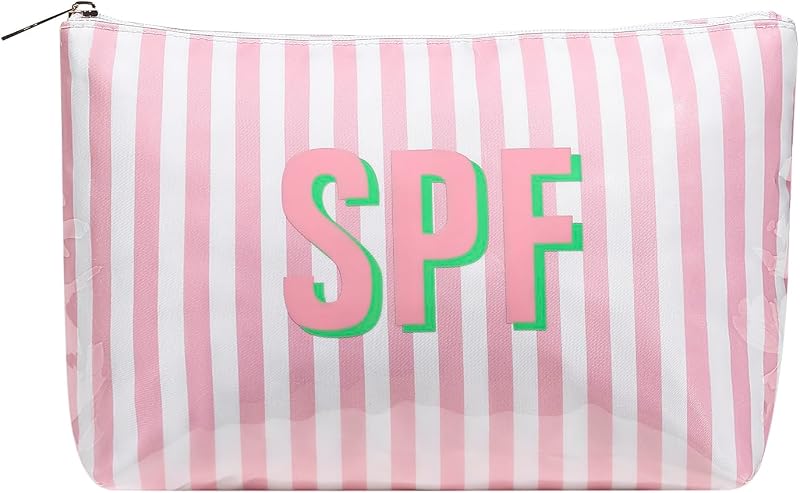 Necessaire de maquiagem listrada Lestikave em PVC com fechamento por zíper, 20,07 cm x 10,92 cm x 17,53 cm, cor 14SPF Pink