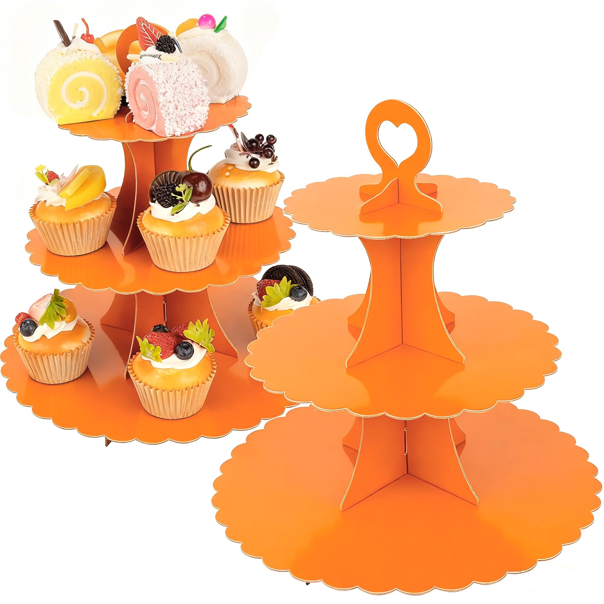 3-Tier Cupcake Stand 2 Pack Dessert Cup Cake Stand Tower Paper Round Cake Display Serving Plate for Anniversary Christening Disposable Pastry Holder for Birthday Wedding Party Decoration (Orange)