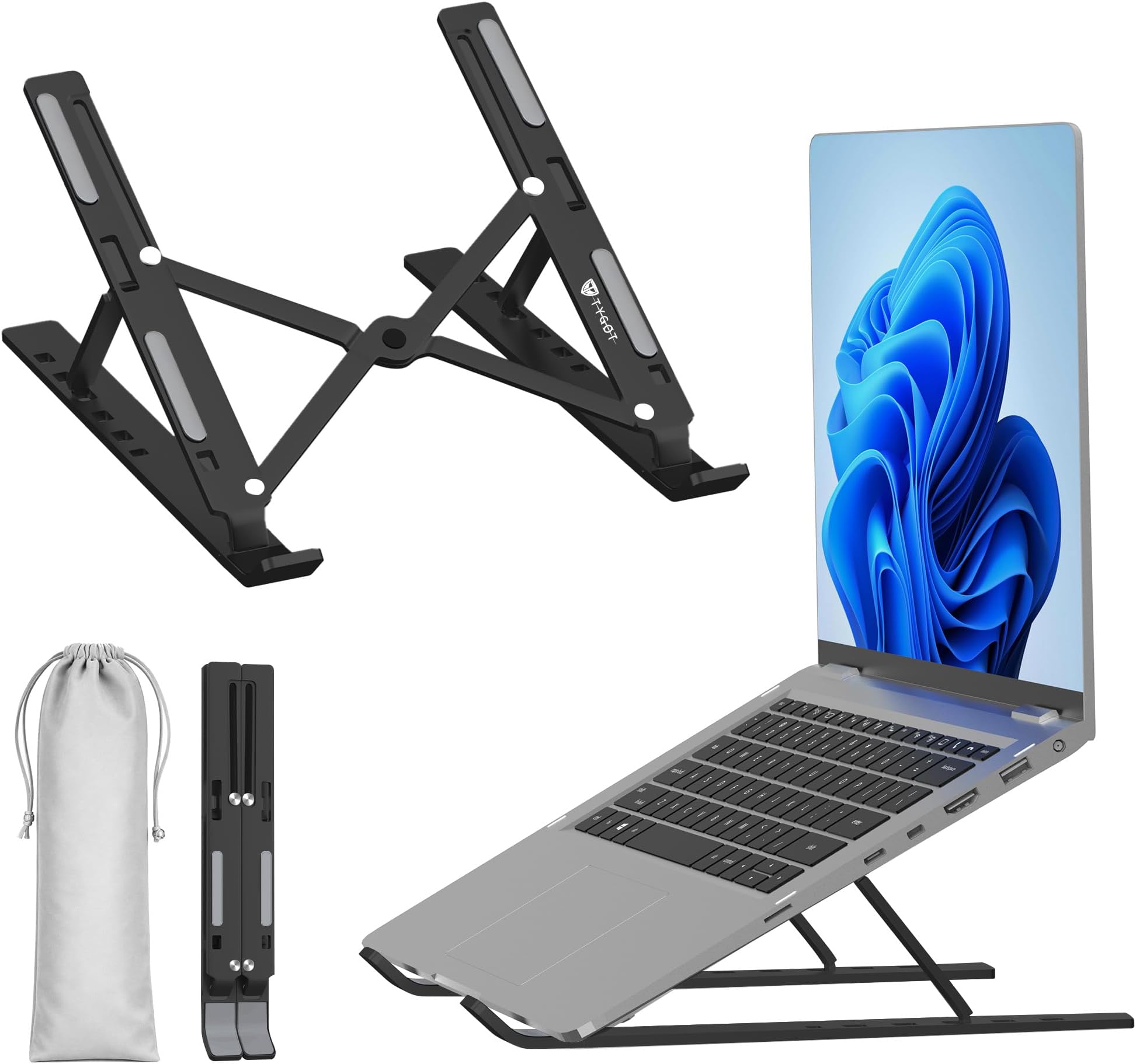 Aluminium Laptop Stand Adjustable 6 Angles, Foldable Ergonomic Laptop Riser for Desk, Portable Stand for MacBook, HP, Dell, Lenovo & Other Laptops (Black)