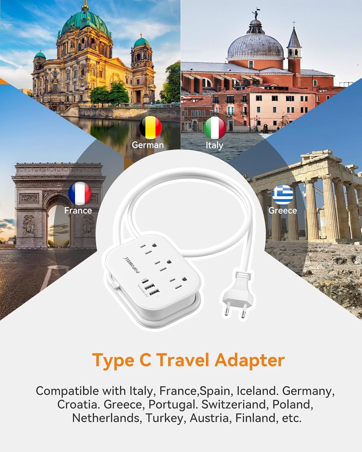 European Travel Plug Adapter,Travel Power Strip with 3 Outlets & 3 USB(3.4A), Type C US to EU Plug Adapter, International Power Adapter with 3 FT Extension Cord for Germany Italy Spain France White.