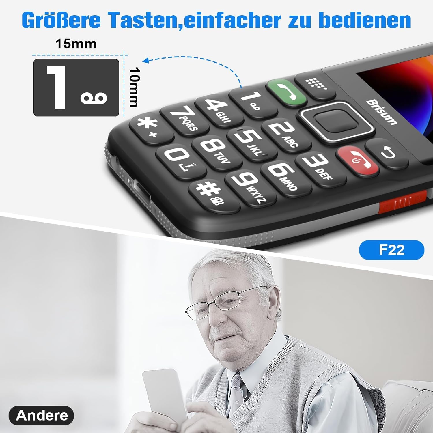 Version F22 Seniorenhandy ohne Vertrag | 2500 mAh Akku Lange Standby-Zeit |SIM mit Notruftaste | Rentner Handy Große Tasten| Großtastenhandy mit Ladestation | 2,4 Zoll Farbdisplay
