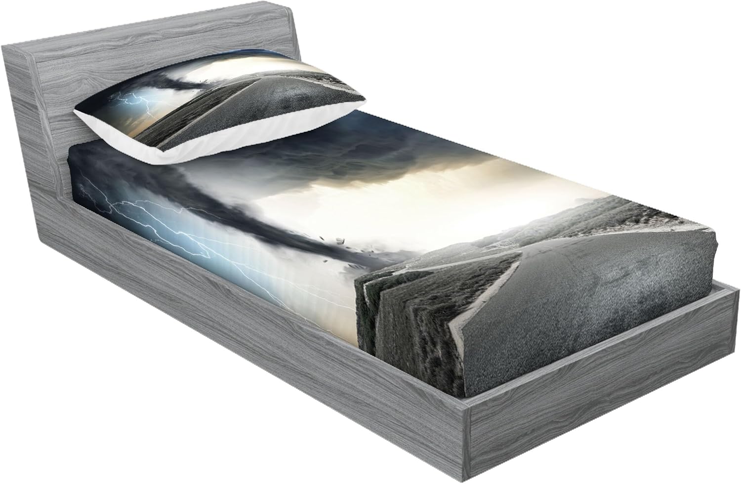 Ambesonne Nature Fitted Sheet & Pillow Sham Set, Black Tornado Funnel Gas and Thunder Rolling on The Road Fume Disaster Monochrome Print, Decorative Printed 2 Piece Bedding Decor Set, Twinxl, Silver