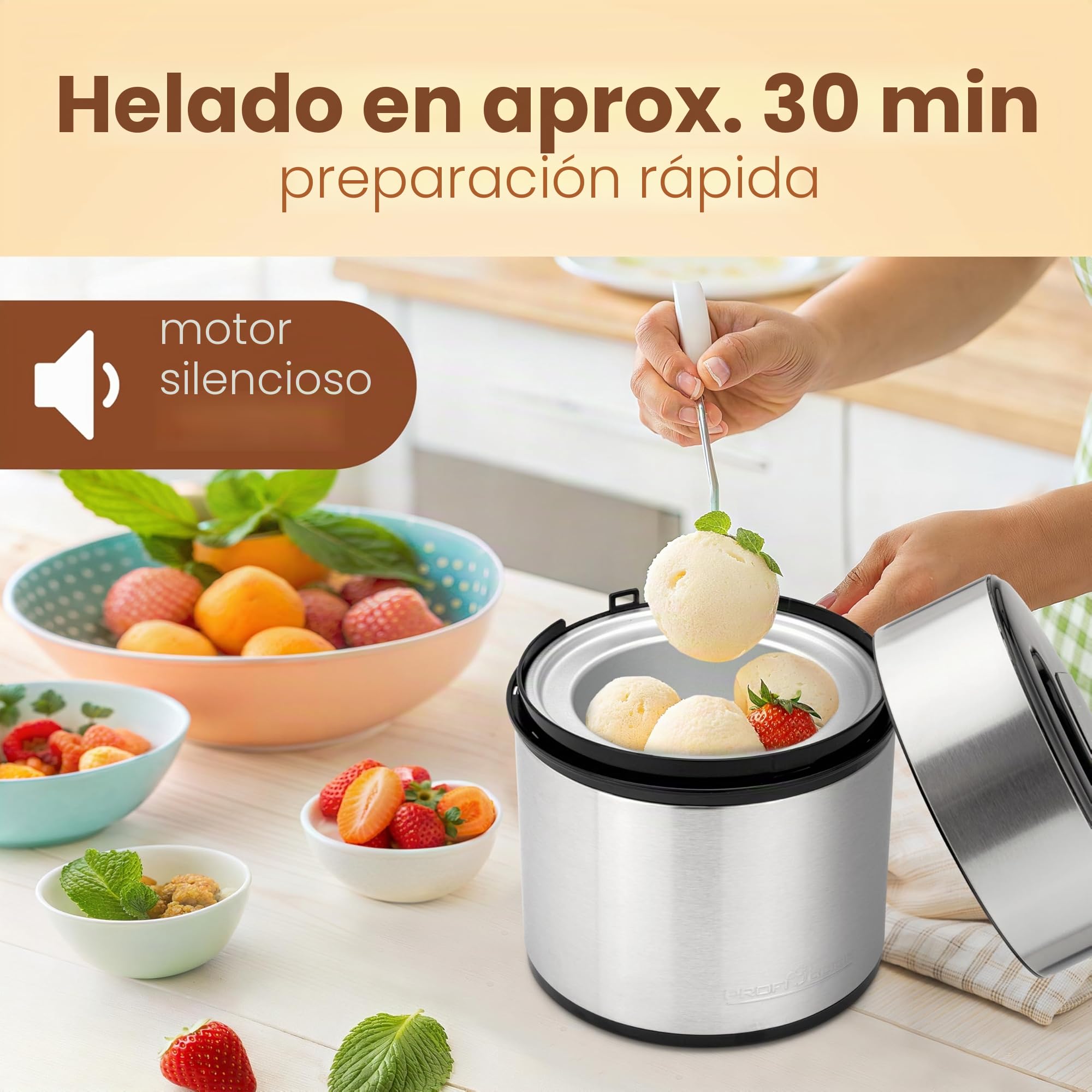 ProfiCook® Heladora y Yogurtera | Helado en 20 Minutos | Para 1800ml | Suave para Uso Doméstico | Temporizador | Para Helado, Yogur Helado y Sorbete | PC-ICM 1140