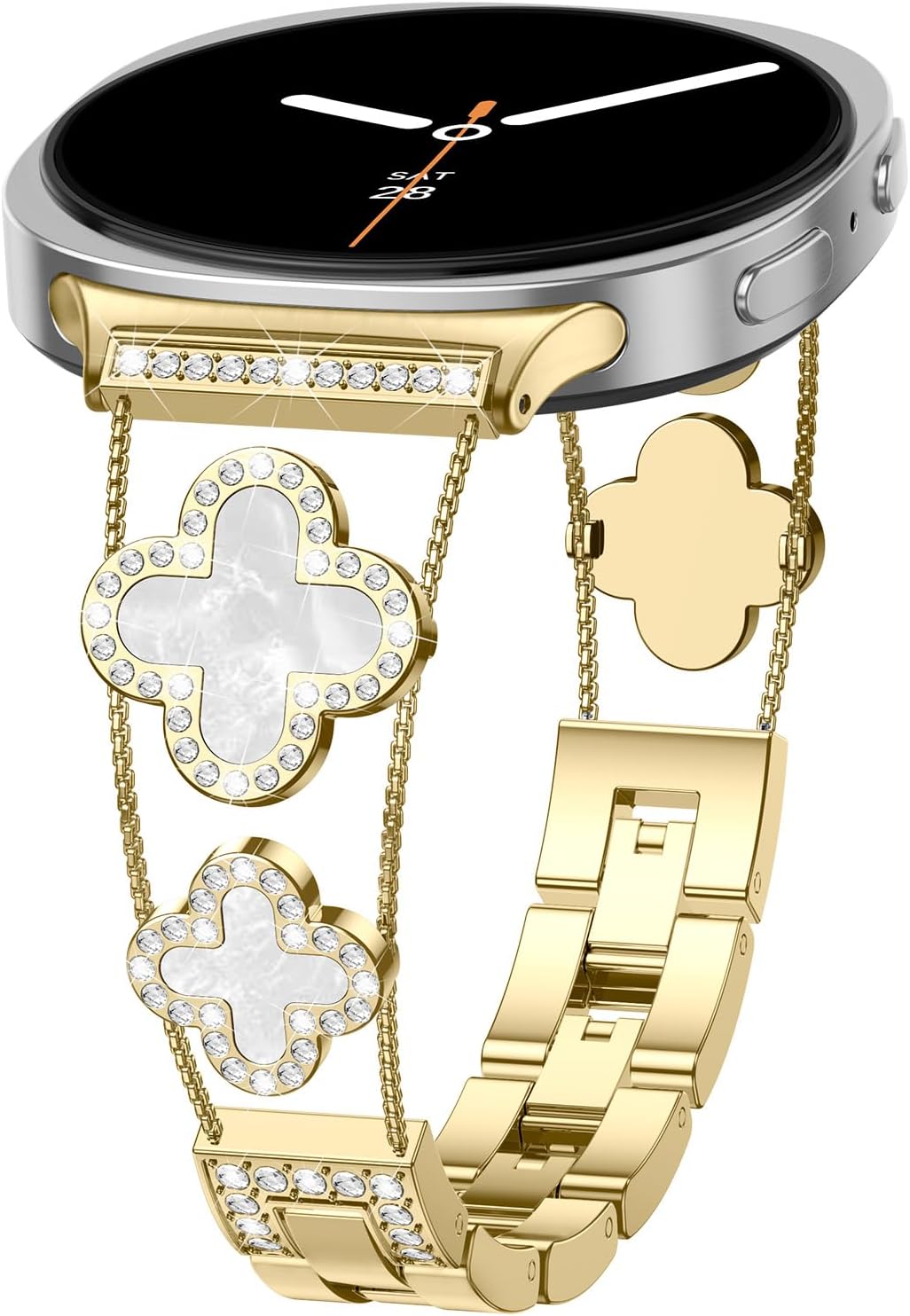 Metal Bands for Samsung Galaxy Watch 8 Band 40mm 44mm/8 Classic 46mm Women,Shiny Bling Diamond Four-Leaf Clover Stylish Stainless Steel Strap Replacement WristBands,06-gold white