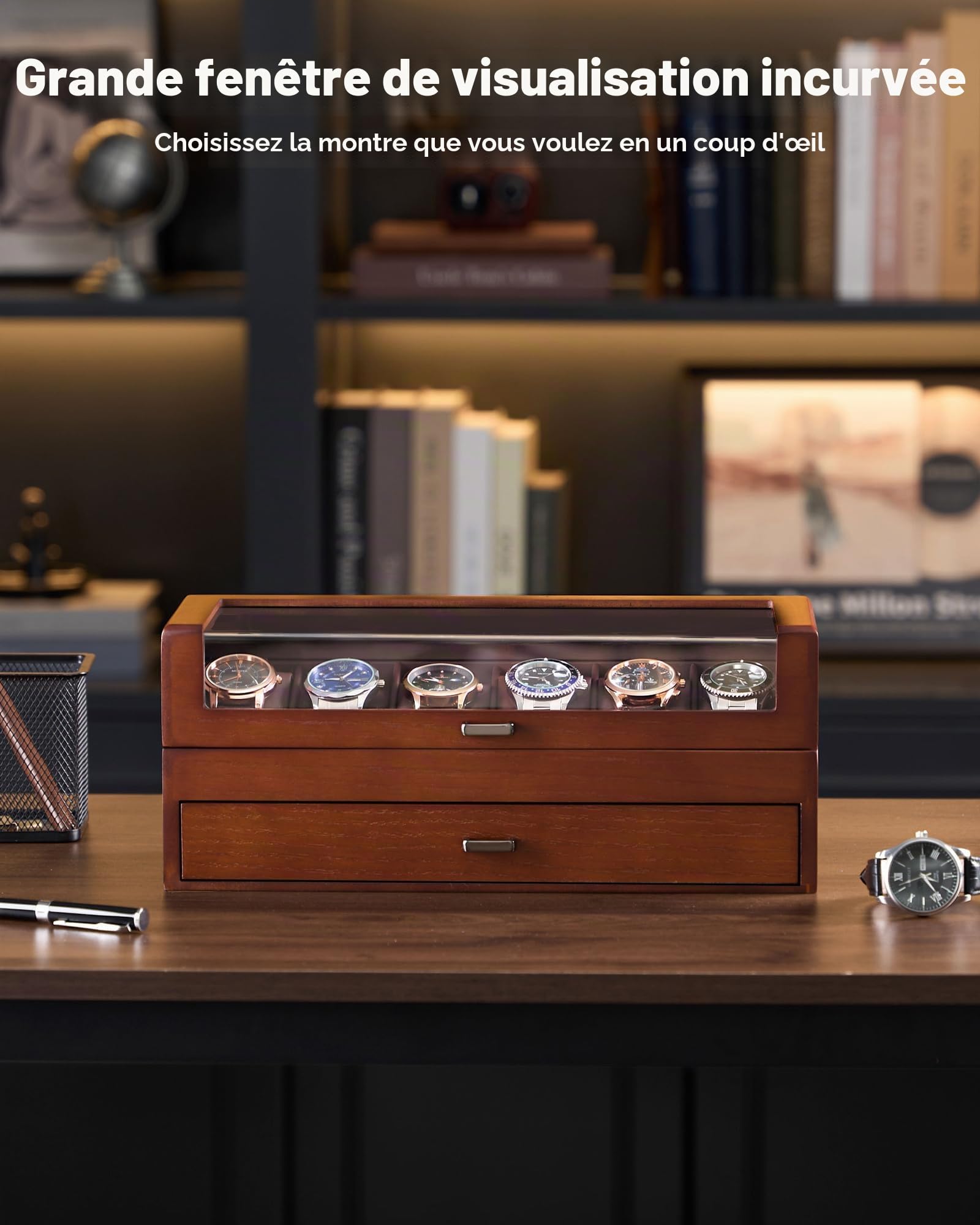 ProCase Coffret Montre Homme en Bois, Boîte à Montre 6 Emplacements avec Couvercle Transparent et Tiroir de Rangement -Noyer