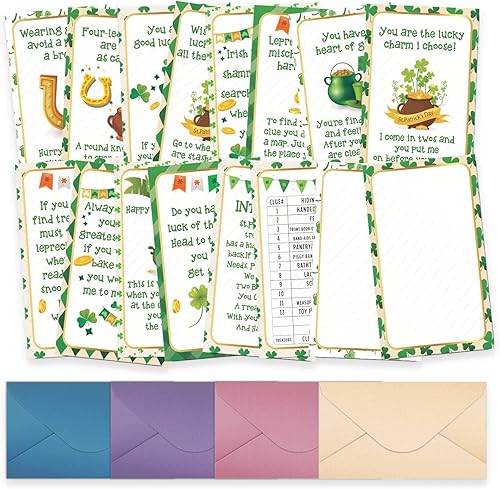 shupai Pistas de búsqueda del tesoro del día de San Patricio (16 cartas con sobres), juegos de fiesta del día de San Patricio (XBK004E)
